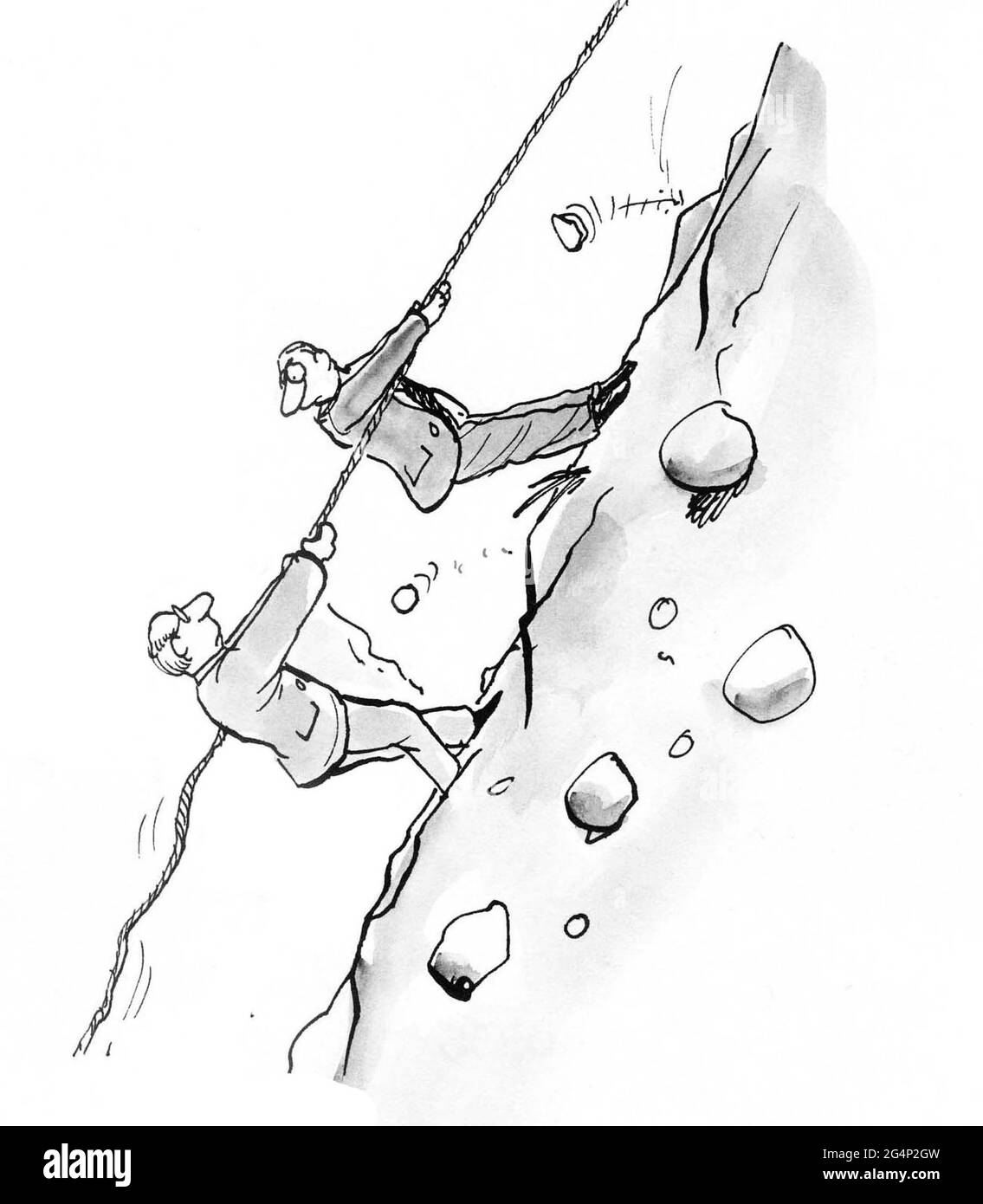 Zwei Führungskräfte ziehen ein Seil hoch, das die Seite eines Berges hinaufgeht. Stockfoto