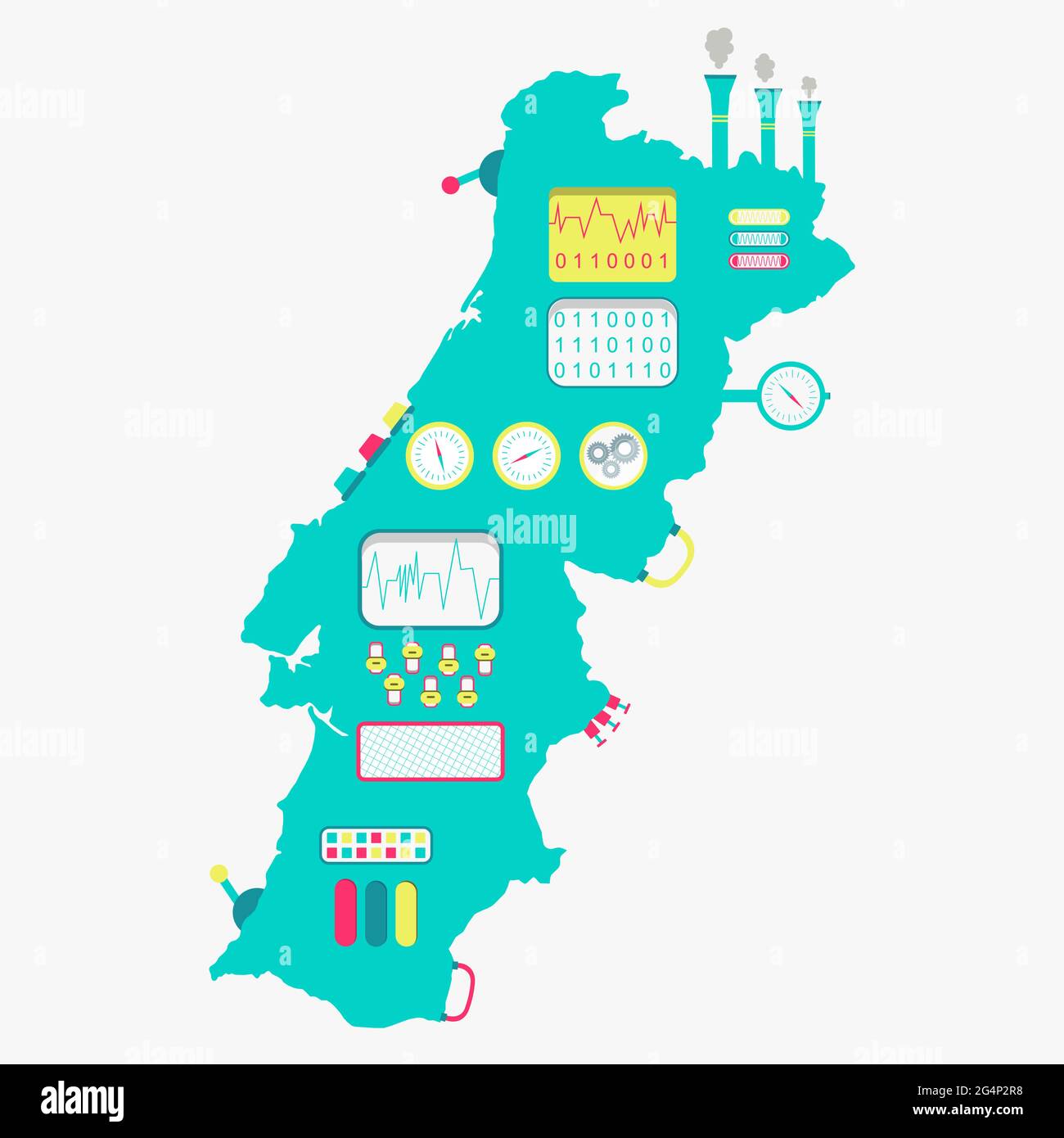 Karte von Portugal wie eine niedliche Maschine mit Knöpfen, Tafeln und Hebeln. Isoliert. Weißer Hintergrund. Stock Vektor