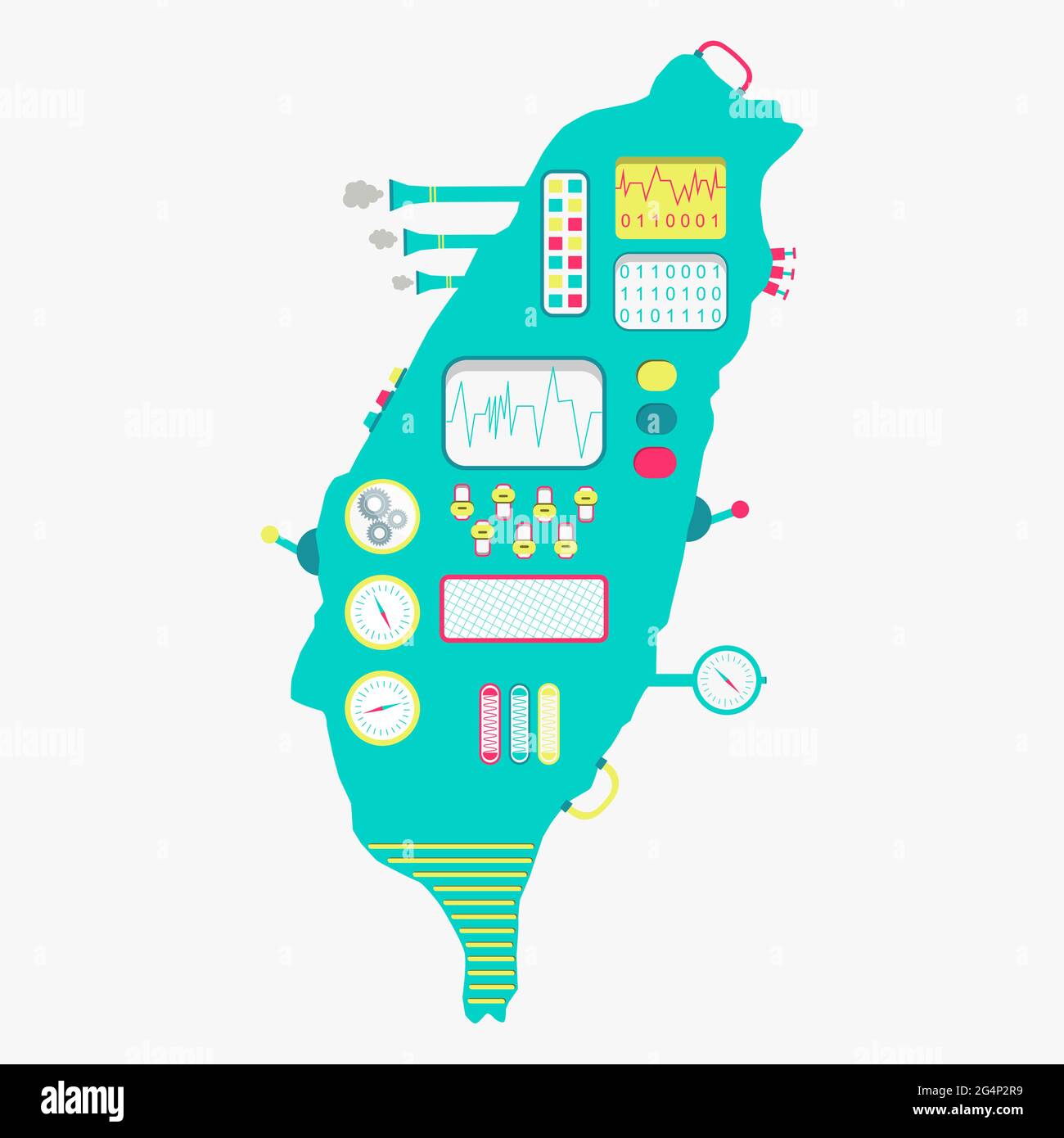 Karte von Taiwan wie eine niedliche Maschine mit Knöpfen, Tafeln und Hebeln. Isoliert. Weißer Hintergrund. Stock Vektor
