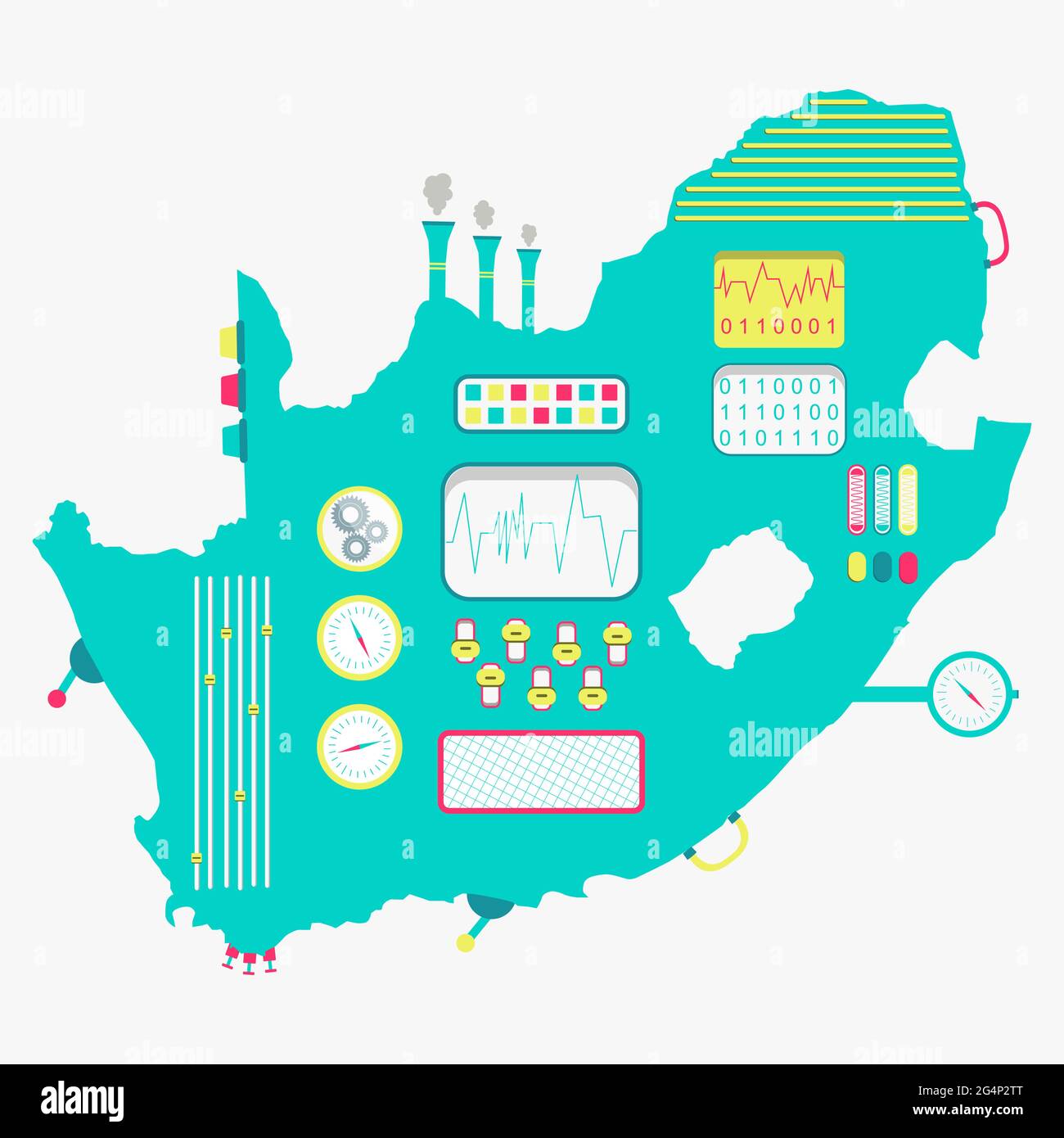 Karte von Südafrika wie eine niedliche Maschine mit Knöpfen, Tafeln und Hebeln. Isoliert. Weißer Hintergrund. Stock Vektor