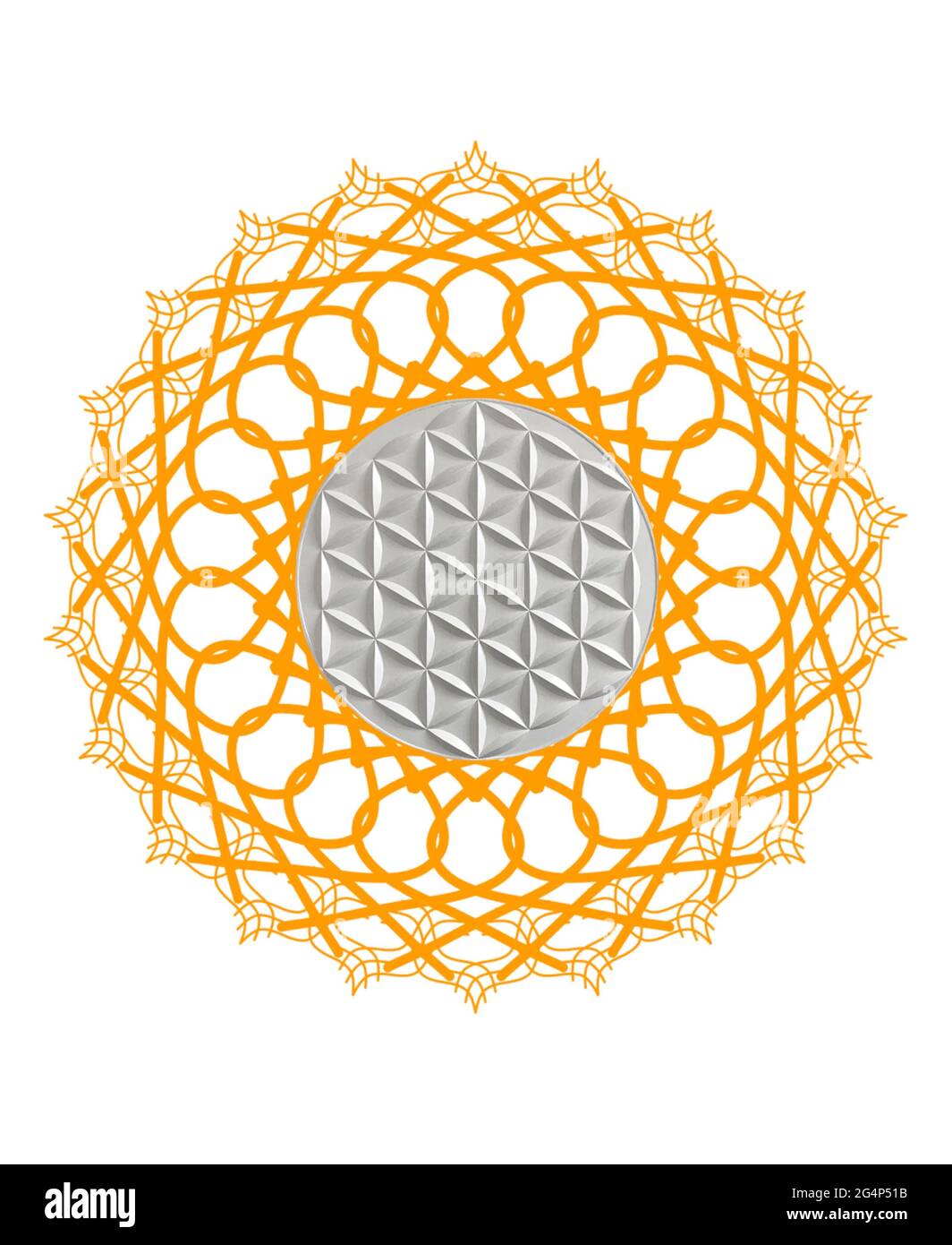 Spiritueller Hintergrund für Meditation mit heiliger Geometrie, Yin Yang Symbol und Chakren Stockfoto