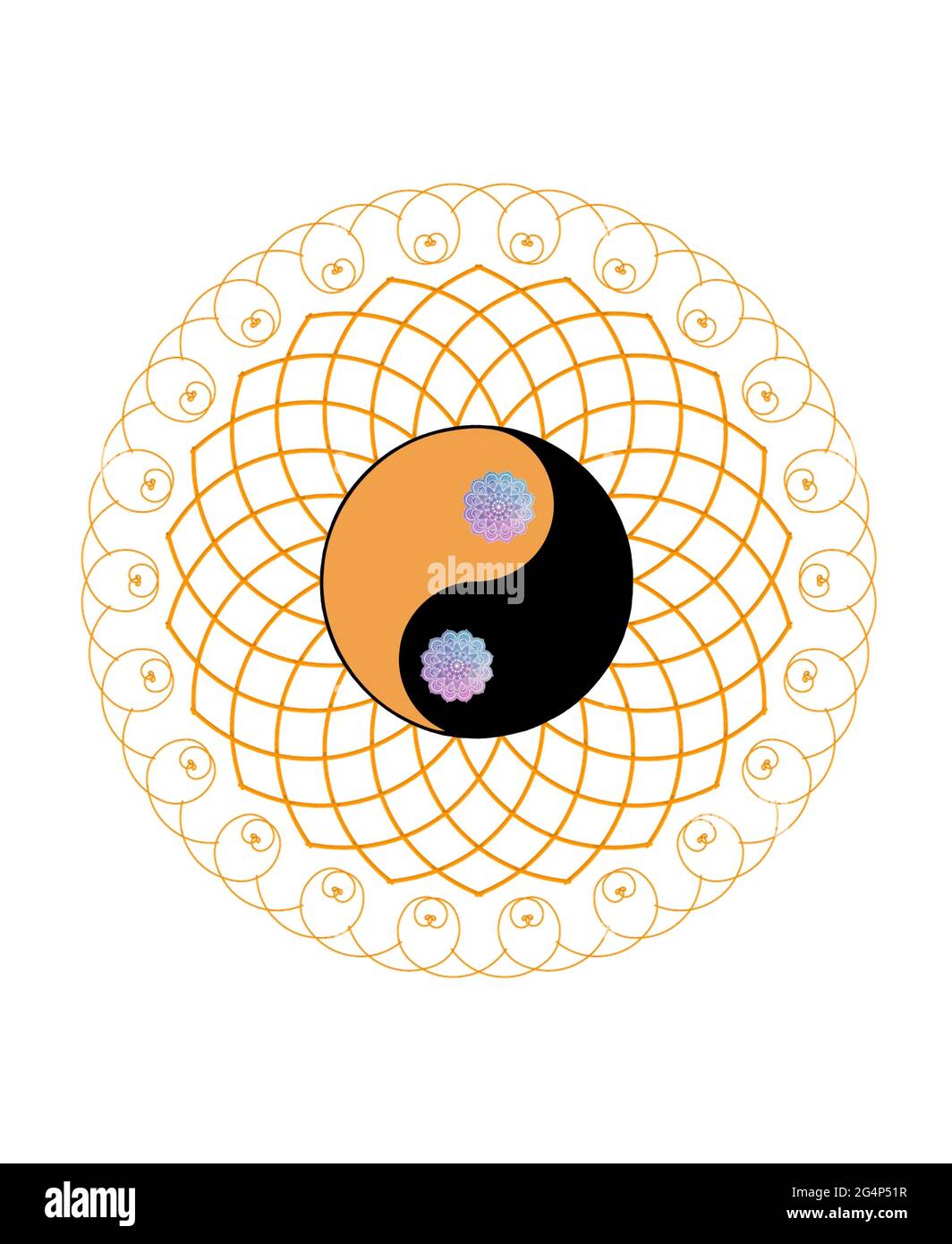 Spiritueller Hintergrund für Meditation mit heiliger Geometrie, Yin Yang Symbol und Chakren Stockfoto