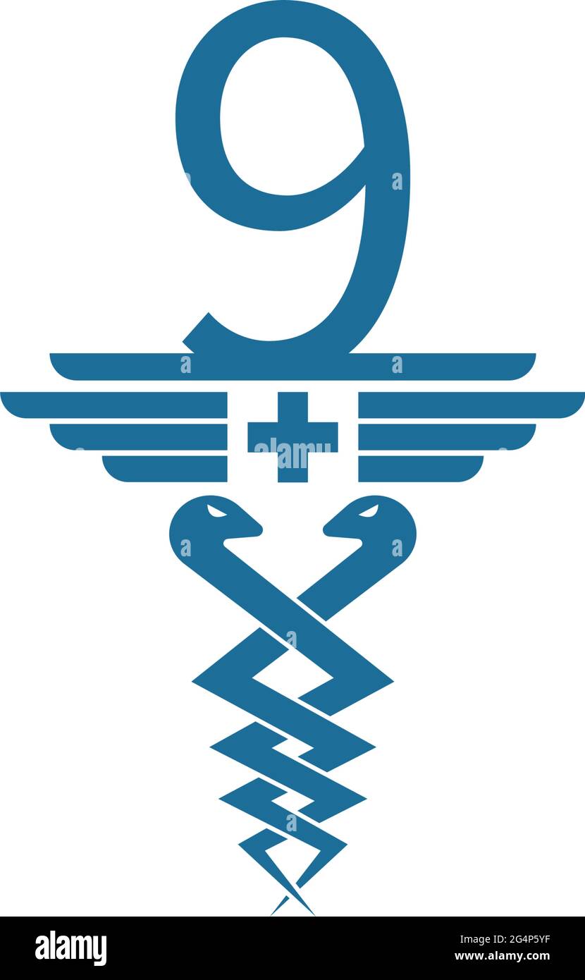 Nummer 9 mit Caduceus Icon Logo Design Vektor-Vorlage Stock Vektor