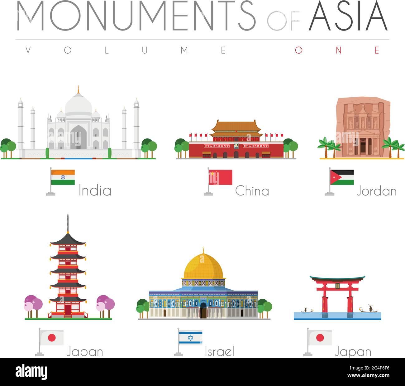 Denkmäler Asiens im Cartoon-Stil Band 1: Taj Mahal (Indien), Verbotene Stadt (China), Petra (Jordanien), Gojunoto-Pagode (Japan), Felsendom (ISR) Stock Vektor
