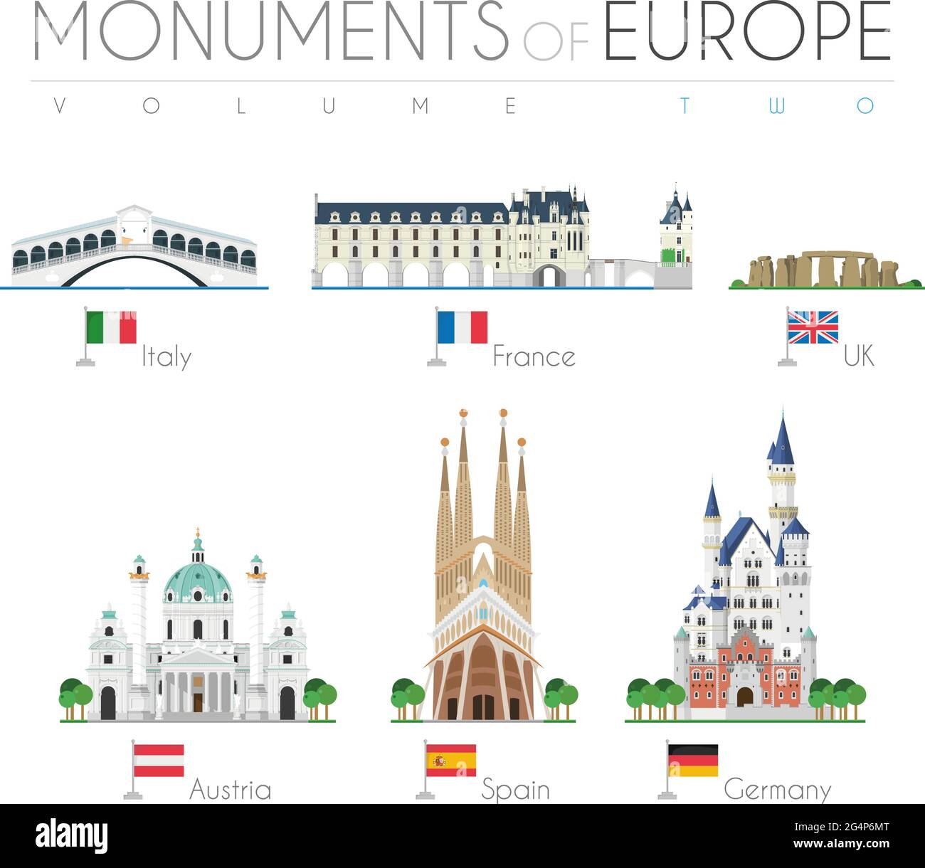 Monumente Europas im Cartoon-Stil Band 2: Rialtobrücke (Italien), Schloss Chenonceau (Frankreich), Stonehenge (Großbritannien), Karlskirche (Österreich), Sagrada Famii Stock Vektor
