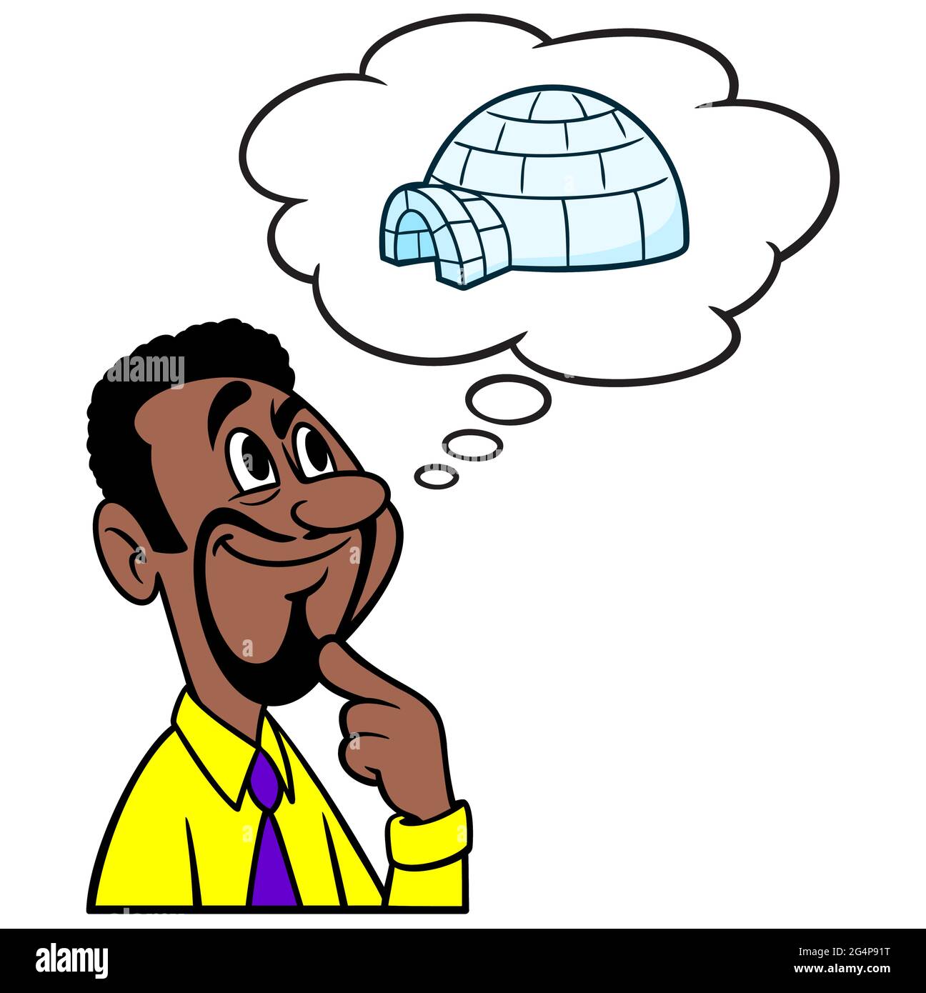 Mann, der an einen Iglu denkt - EINE Karikatur eines Mannes, der an den Aufbau eines Iglu denkt. Stock Vektor