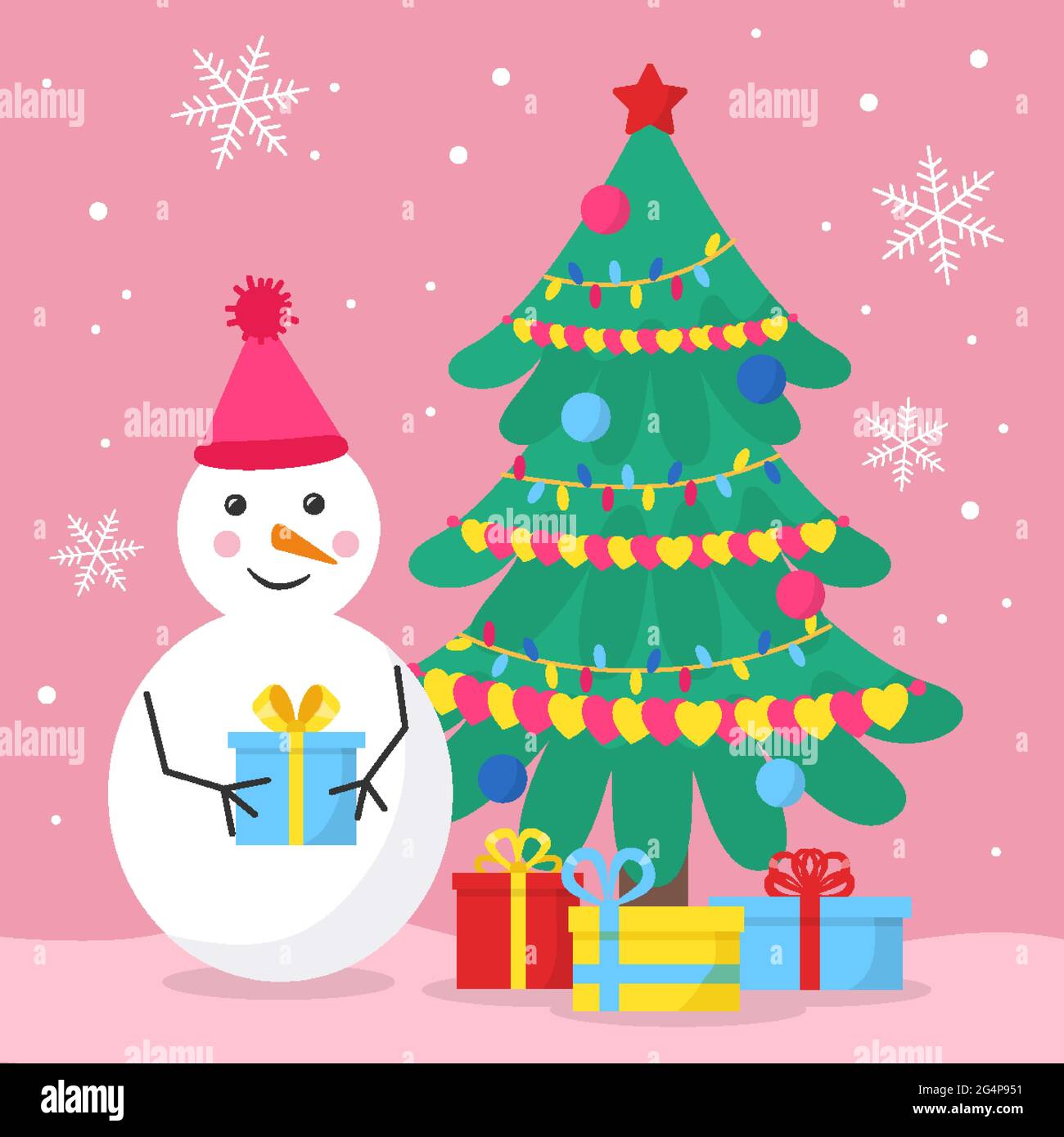 Ein Schneemann in einem warmen rosa Hut mit einem Bubo legt ein Geschenk in einem Stapel von Geschenken unter einen Weihnachtsbaum, der mit Girlanden aus Herzen und Kugeln verziert ist. Den rosa Hintergrund für eine Grußkarte, fügen Sie Text hinzu. Stock Vektor