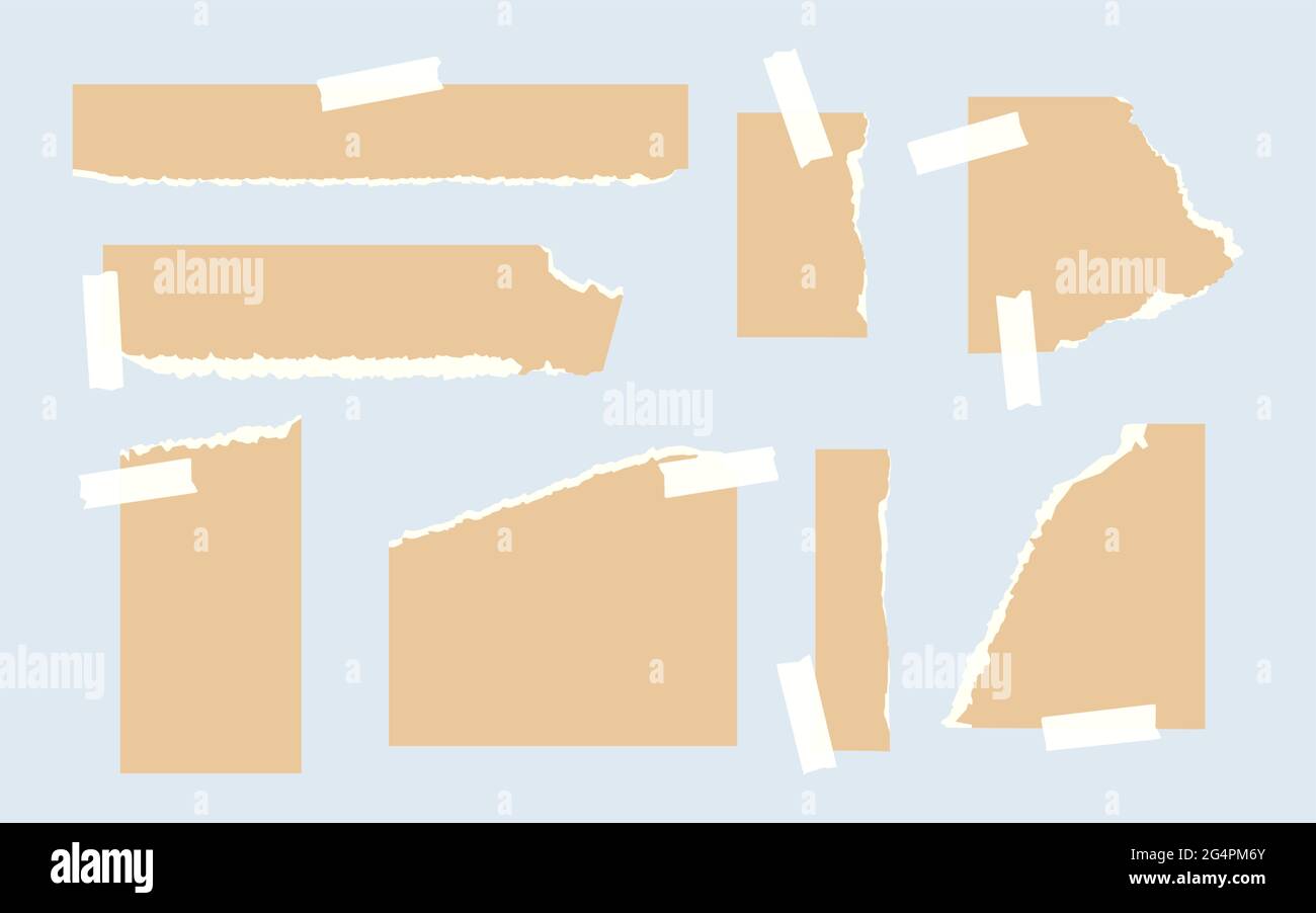 Satz von zerrissenen Bastelpapier verschiedene Formen. Vorlagen von zerrissenen leeren Seiten mit Klebeband. Stück Memoblatt für Sammelalbum oder Notizbuch. Zerrissene Brocken für Texterinnerungen. Vektorgrafik Stock Vektor