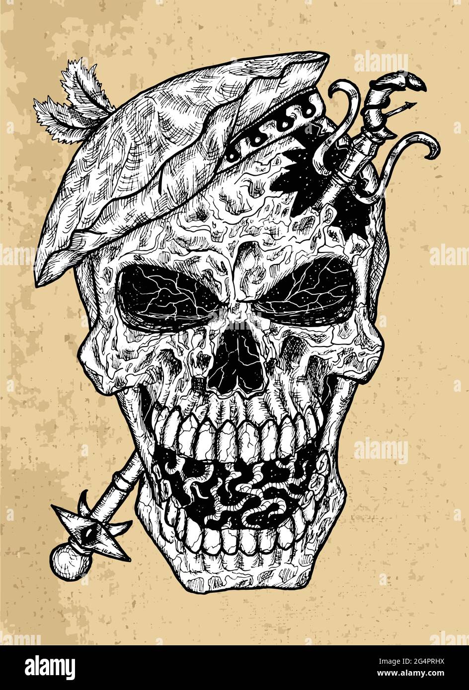 Texturierte schwarz-weiße gruselige Illustration eines Vektorschädels mit mittelalterlichem Hut und Zauberstab. Mystische isolierte Zeichnung für Halloween mit esoterischem Goth Stock Vektor