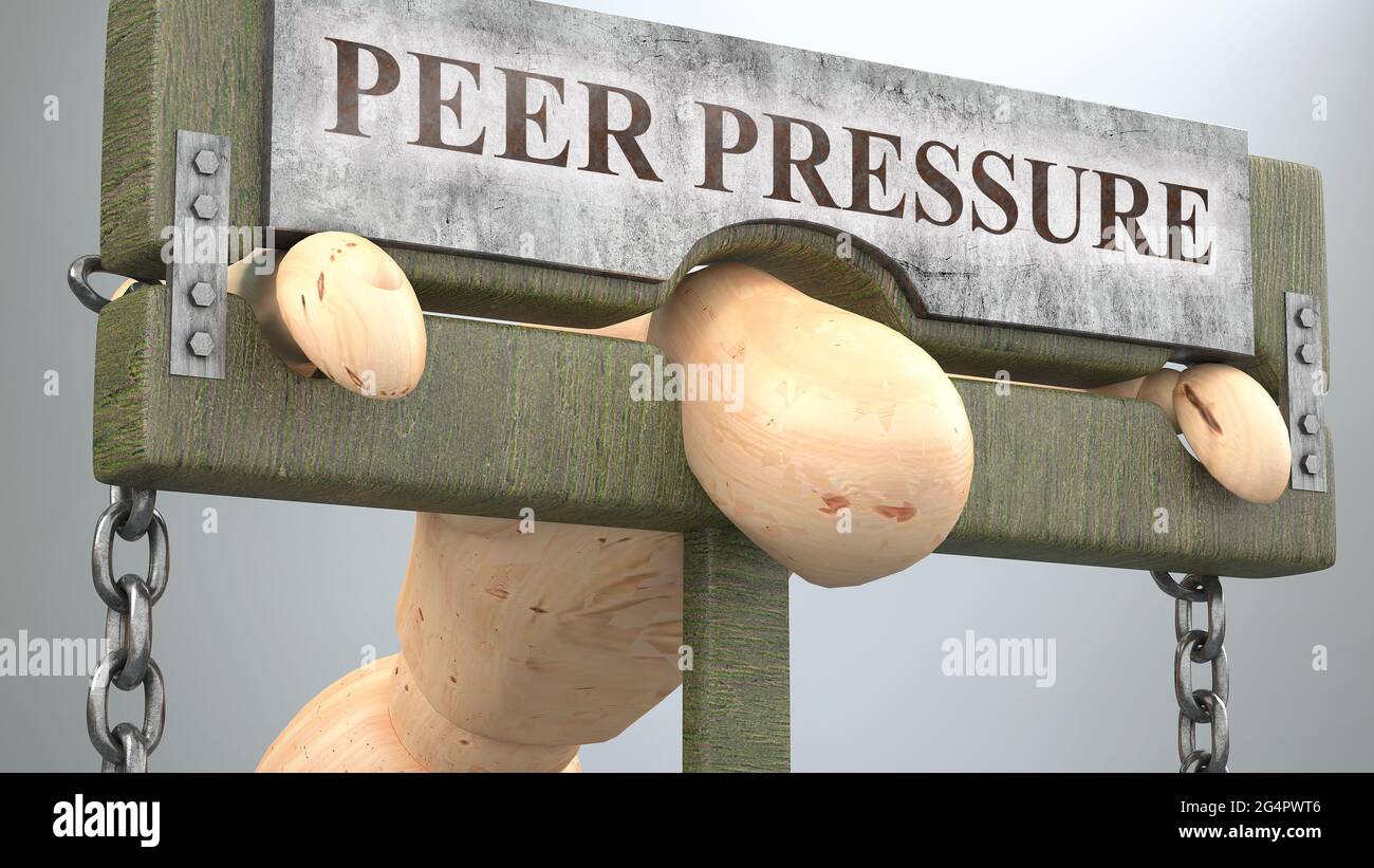 Peer Pressure, der menschliches Leben beeinflusst und zerstört - symbolisiert durch eine Figur am Pranger, um die Wirkung von Peer Pressure und wie schlecht, limitierend und negativ zu zeigen Stockfoto