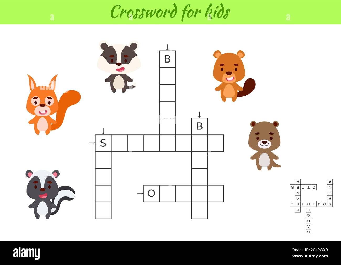 Kreuzworträtsel für Kinder mit Bildern von Tieren. Lernspiel für Englisch Sprache und Worte zu studieren. Druckbares Arbeitsblatt für untergeordnete Vorgänge. Enthält eine Stock Vektor
