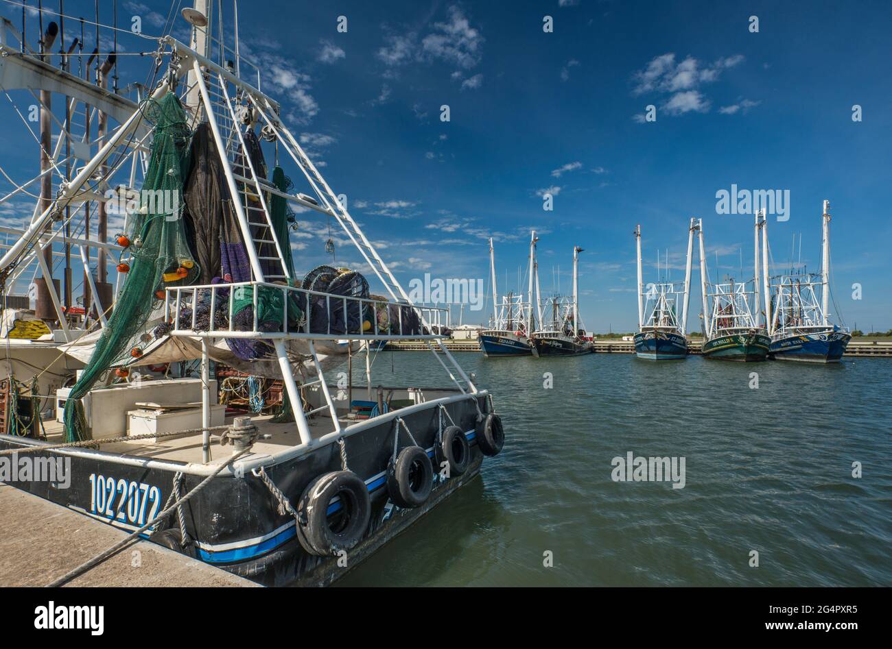 Garnelenboote im Hafen in Palacios, Texas, USA Stockfoto