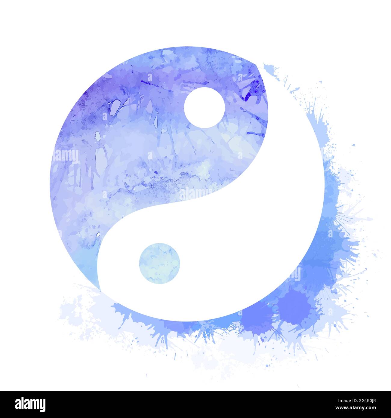 Yin Yang blaues Aquarell-Symbol mit Spritzern und Punkten. Buddhismus Symbol für Gleichgewicht und Frieden. Vektor-Icon-Design. Isoliert auf weißem Hintergrund Stock Vektor