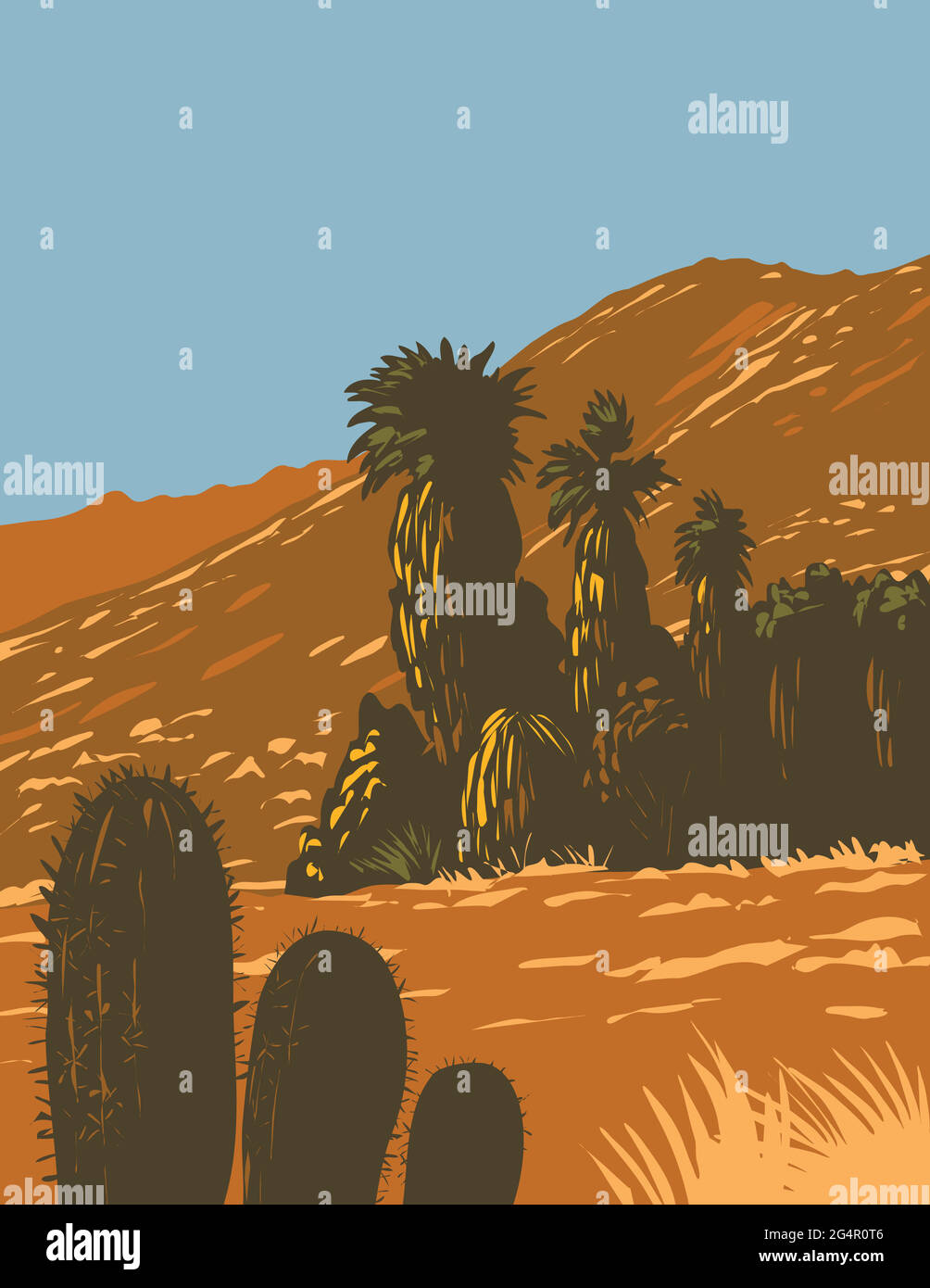 WPA-Plakatkunst von Kakteen und Wüstenfächerpalmen, die in Santa Rosa und San Jacinto Mountains National Monument in Palm Desert, Kalifornien, United Stat Stock Vektor