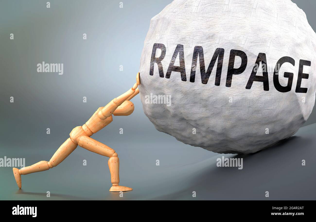Rampage und schmerzhafter menschlicher Zustand, dargestellt als eine hölzerne menschliche Figur, die schweres Gewicht drückt, um zu zeigen, wie schwer es sein kann, Rampage in menschlichem l zu behandeln Stockfoto