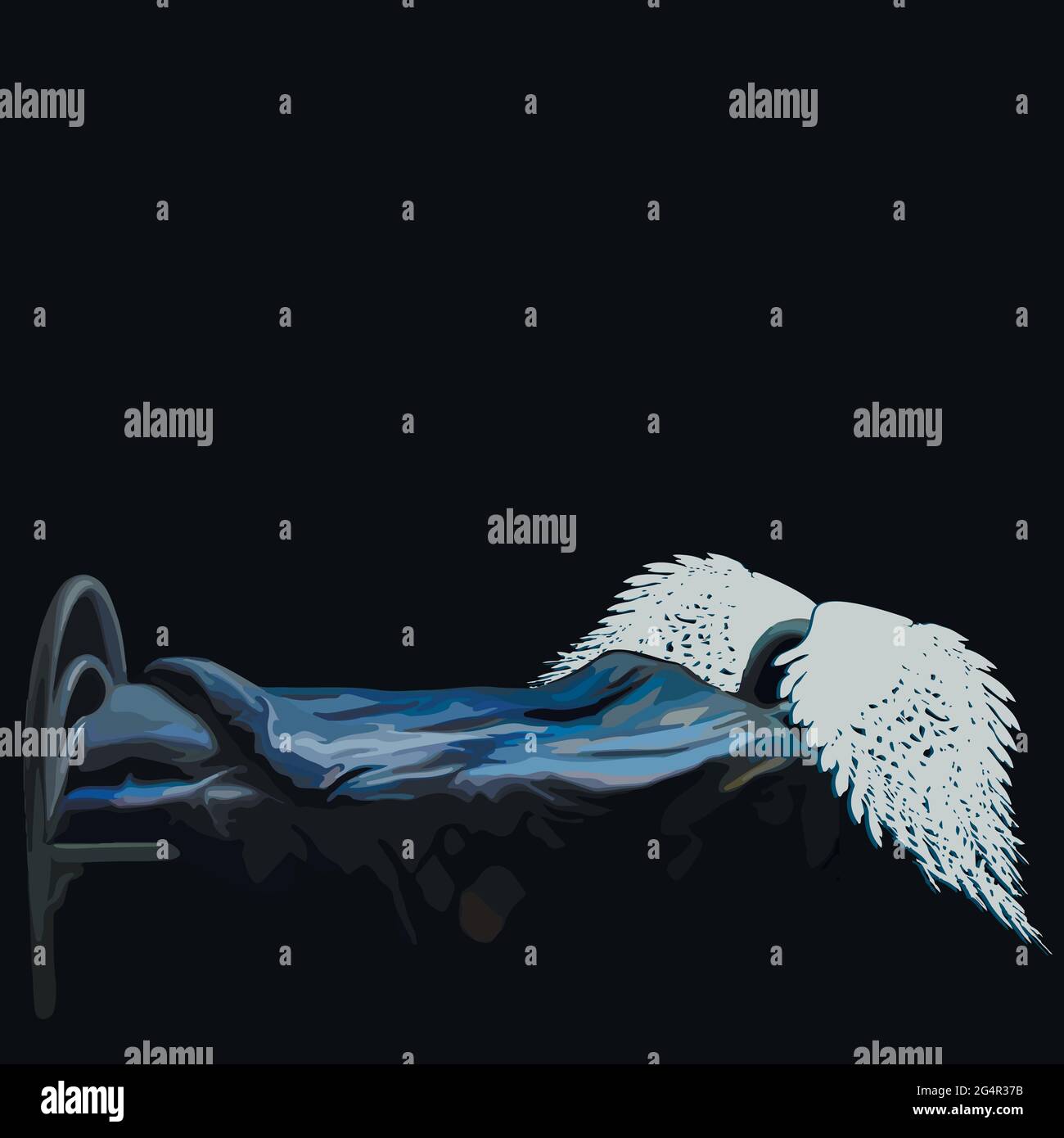 Vektor-Illustration auf schwarzem Hintergrund - ein dunkles Zimmer, ein Schlafzimmer - ein Bett mit blauer Bettwäsche, auf dem Bett sind die Flügel eines Engels. Stock Vektor