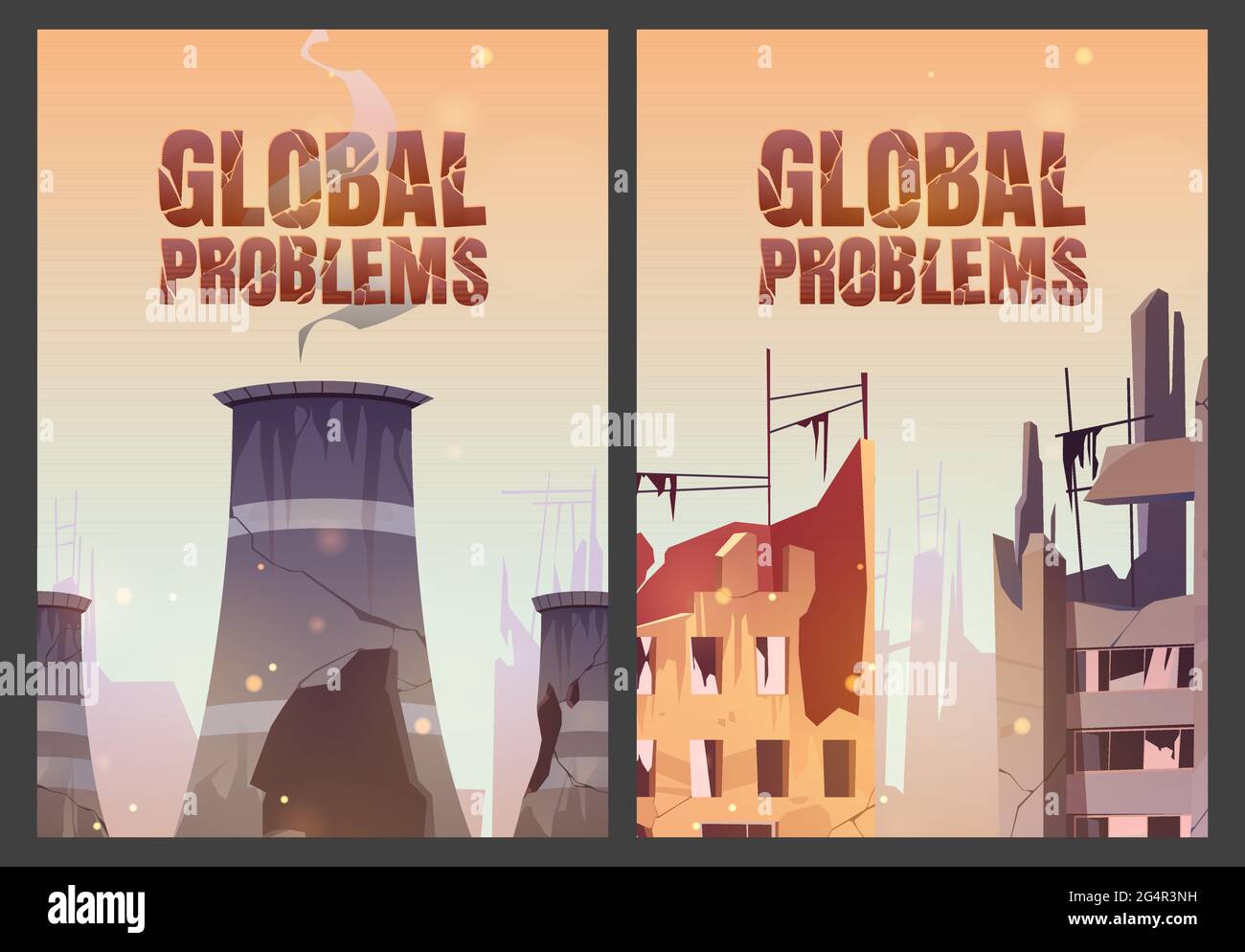 Plakate zu globalen Problemen mit zerstörten Stadtgebäuden und Kernkraftwerken nach Krieg oder Naturkatastrophen. Vektor-Banner mit Cartoon zerbrochenen Häusern und Stadtruinen Stock Vektor