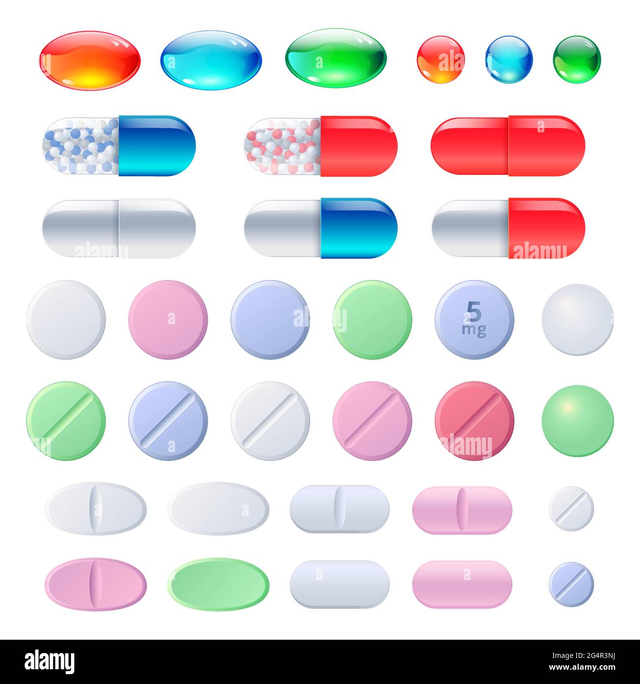 Pillen, Tabletten und Medikamente, bunte Kapseln mit granuliertem Füllstoff. Ovale und runde Arzneimittel Schmerzmittel, Antibiotika, Vitamine, Aminosäure, Mineralstoffe, Bioaktive Zusatzstoffe, Cartoon-Vektor-Set Stock Vektor
