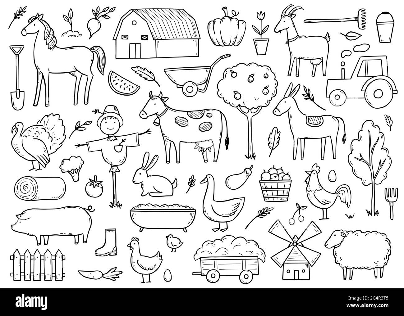 Handgezeichnetes Set Nutztier, Pferd, Kuh, Bauernfutter. Doodle-Skizzenstil. Landwirtschaft Lebenshintergrund, Symbol. Isolierte Vektordarstellung. Stock Vektor