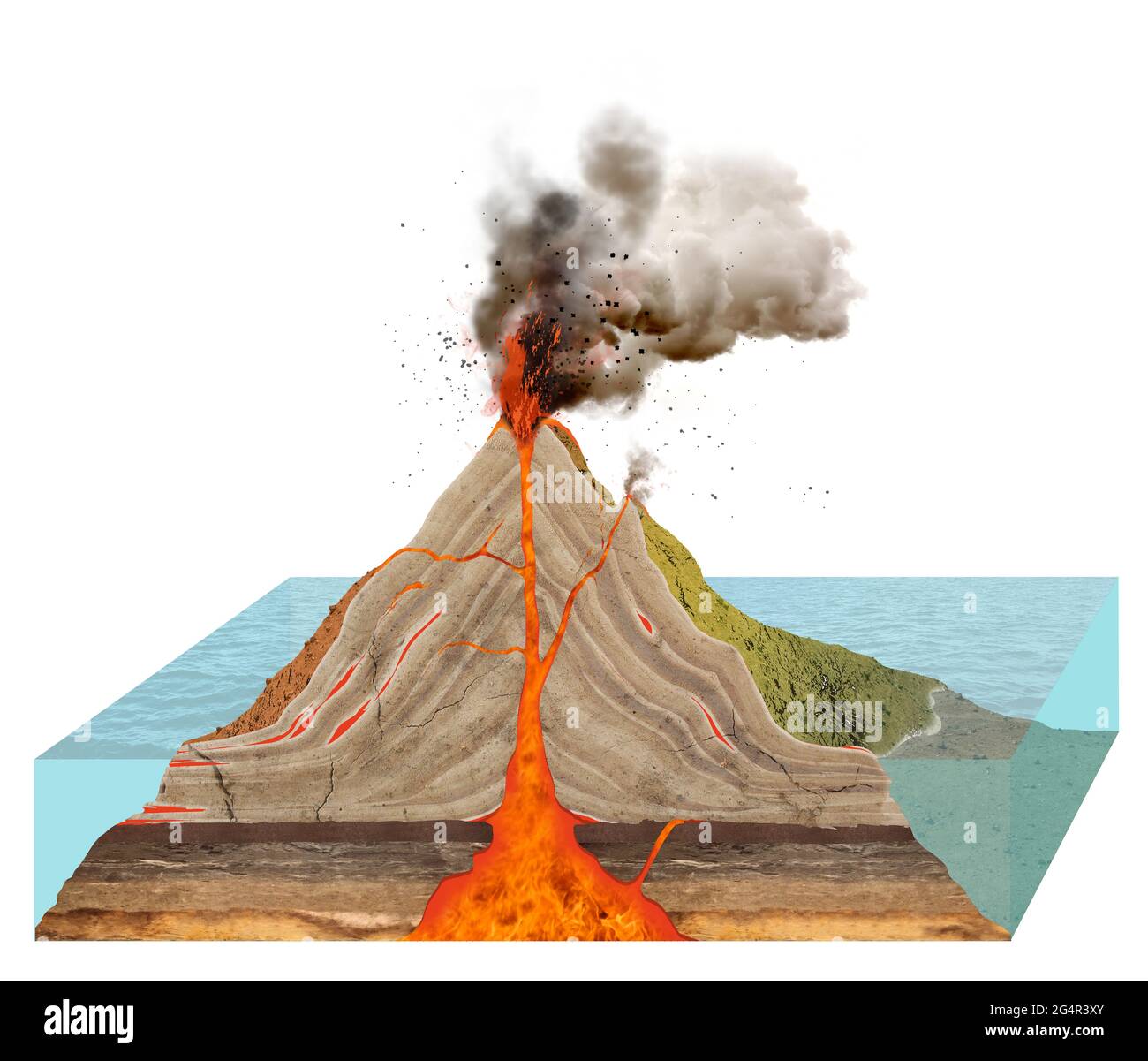 Vulkan, Schlot in der Erdkruste oder einem anderen Planeten oder Satelliten, aus dem Eruptionen von geschmolzenem Gestein, heißen Gesteinsfragmenten und heißen Gasen entstehen Stockfoto