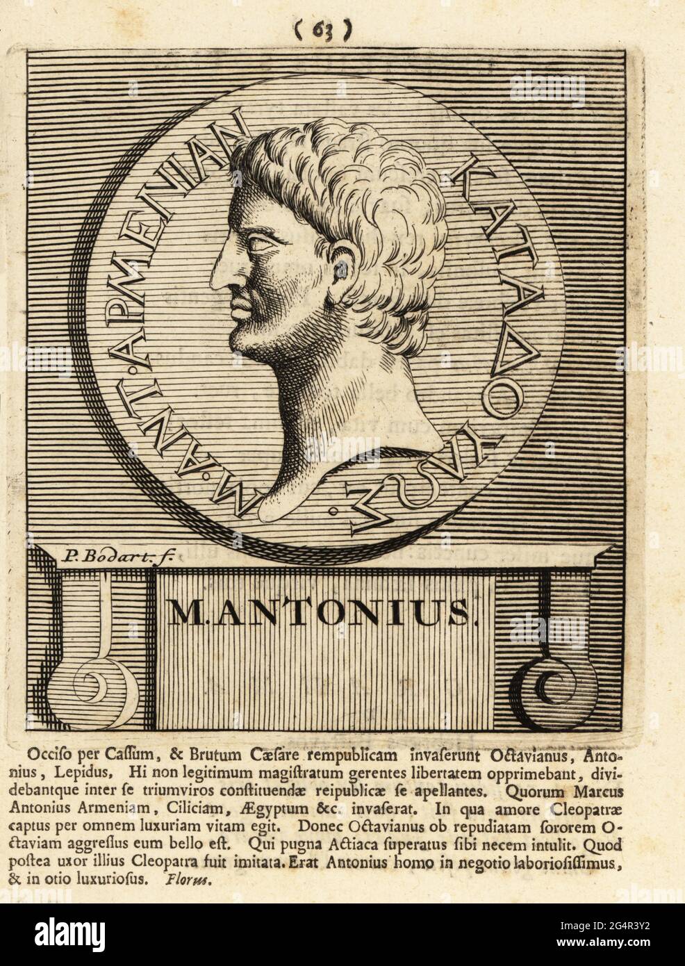 Marcus Antonius, 83 v. Chr. – 30 v. Chr., Mark Antony oder Anthony, römischer Politiker und General. Herr Antonius. Kupferstich von Pieter Bodart (1676-1712) aus Henricus Spoor’s Deorum et Heroum, Virorum et Mulierum Illustrium Imagines Antiquae Illustatae, Gods and Heroes, Men and Women, Illustrated with Antique Images, Petrum, Amsterdam, 1715. Erstmals veröffentlicht als Favissæ utriusque antiquitatis Tam Romanæ quam Græcæ im Jahr 1707. Henricus Spoor war ein niederländischer Arzt, klassischer Gelehrter, Dichter und Schriftsteller, fl. 1694-1716. Stockfoto