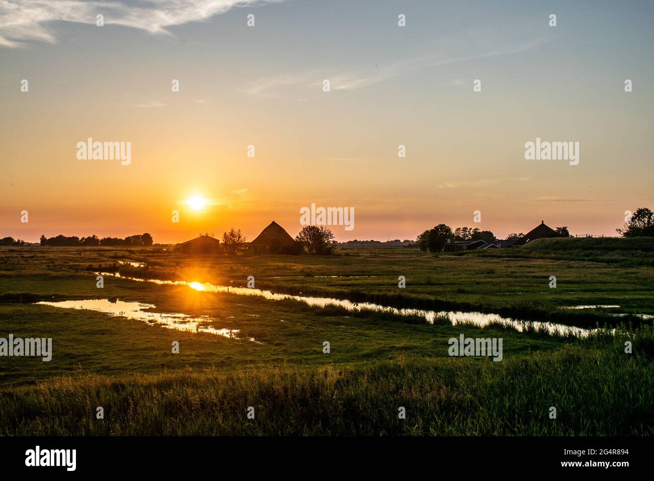 Sonnenuntergang über einem Grasfeld in Uitdam, Niederlande Stockfoto