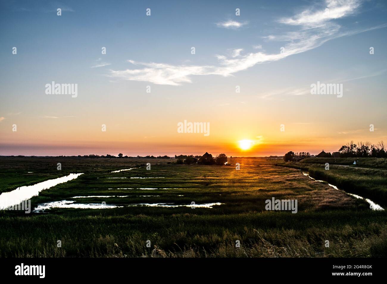 Sonnenuntergang über einem Grasfeld in Uitdam, Niederlande Stockfoto