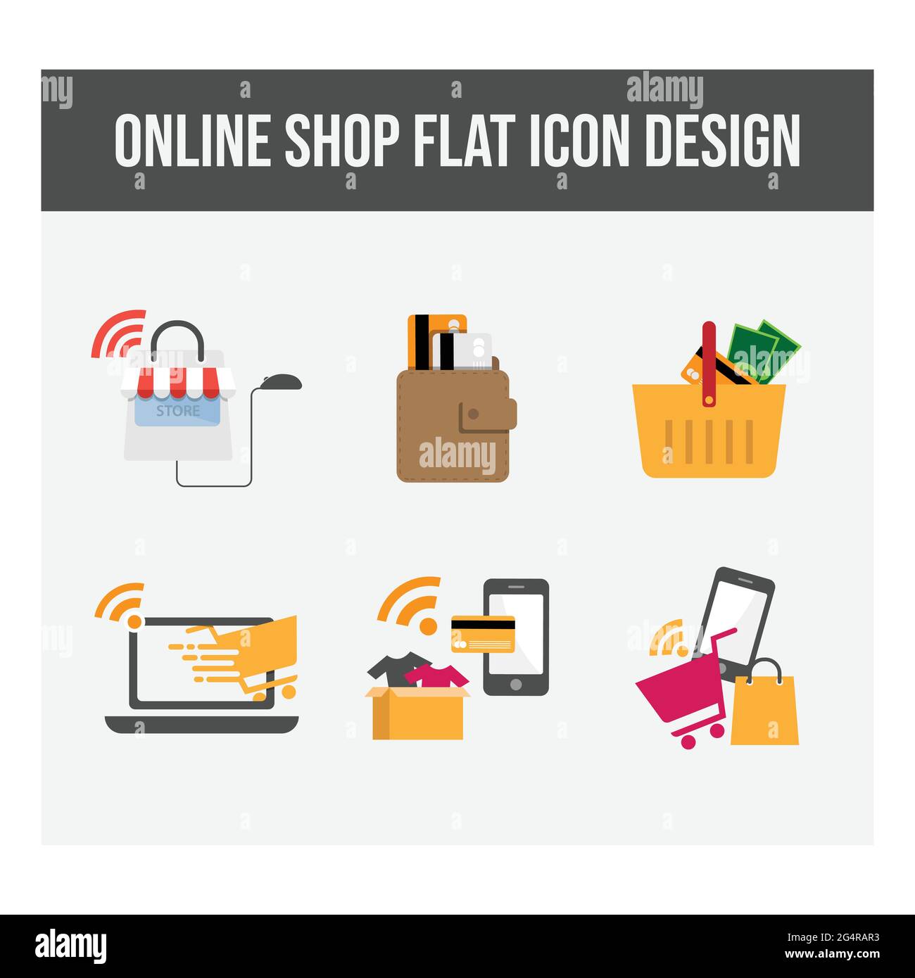 E-Commerce und Online-Shopping-Symbole. Flache Designkollektion. Vektor kreativ von E-Business-Prozess mit flachen Icons, Infografik Design von E-Commerce Stock Vektor