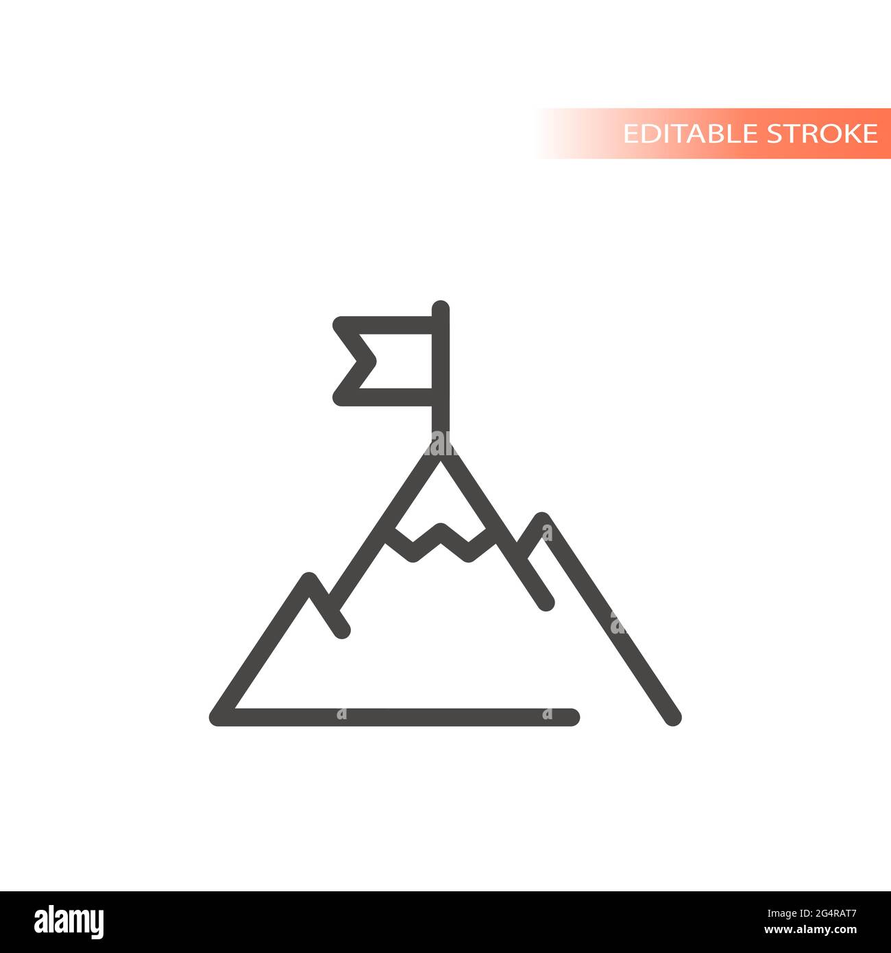 Berggipfel oder Gipfel mit Flaggenliniensymbol. Zielbeschreibung für Geschäftserfolg, bearbeitbarer Strich. Stock Vektor
