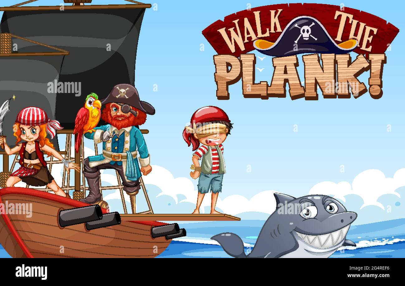 Walk the Plank Schrift Banner mit vielen Piraten Cartoon-Figur auf dem Schiff Illustration Stock Vektor