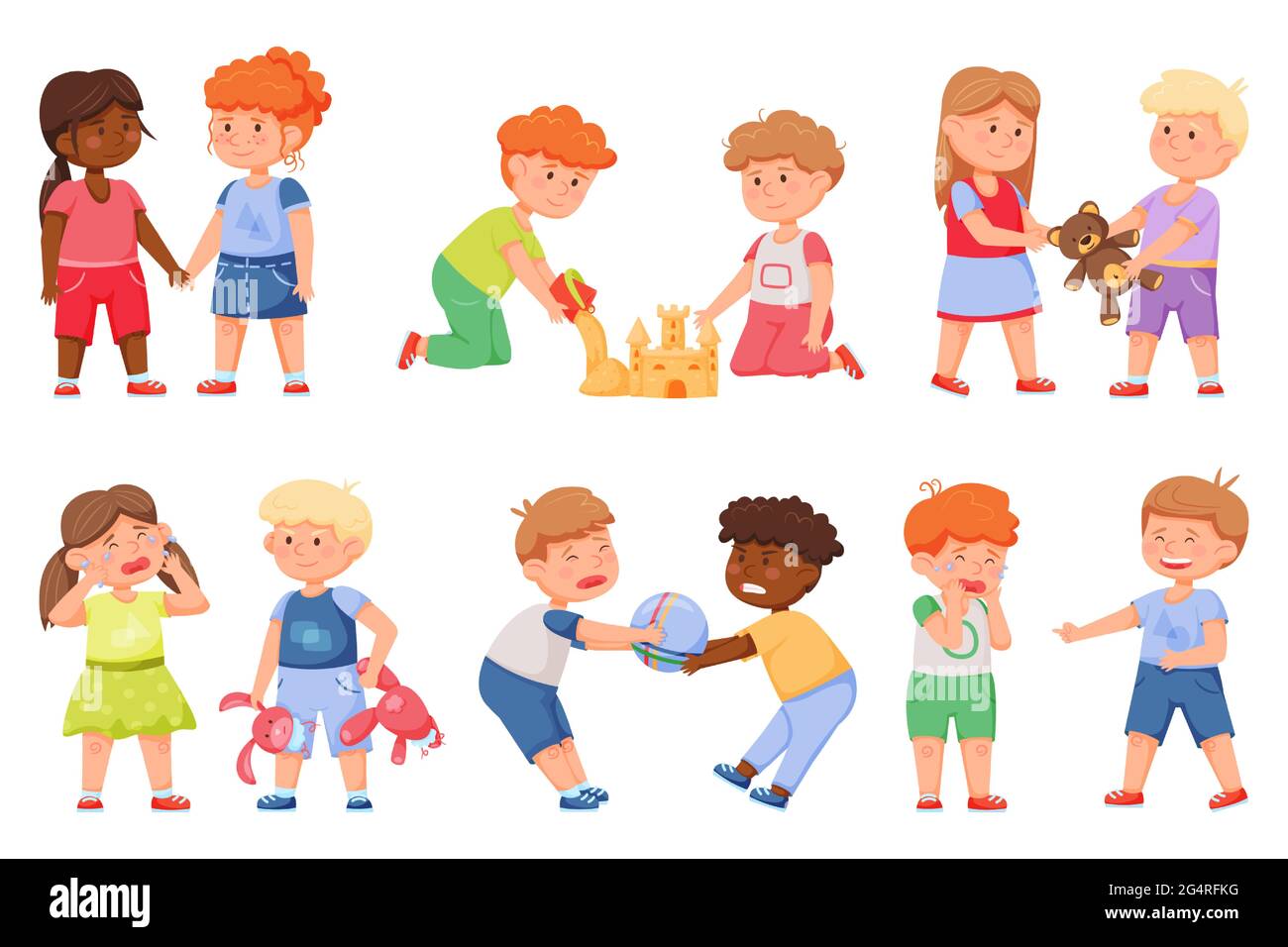 Kinder Gut Und Schlecht Verhalten Freunde Teilen Spielzeug Spielen Zusammen Halten Die Hande Wutend Kinder Kampfen Mobbing Freund Cartoon Vektor Set Lachelnde Jungen Und Madchen Aggressive Beziehungen Stock Vektorgrafik Alamy
