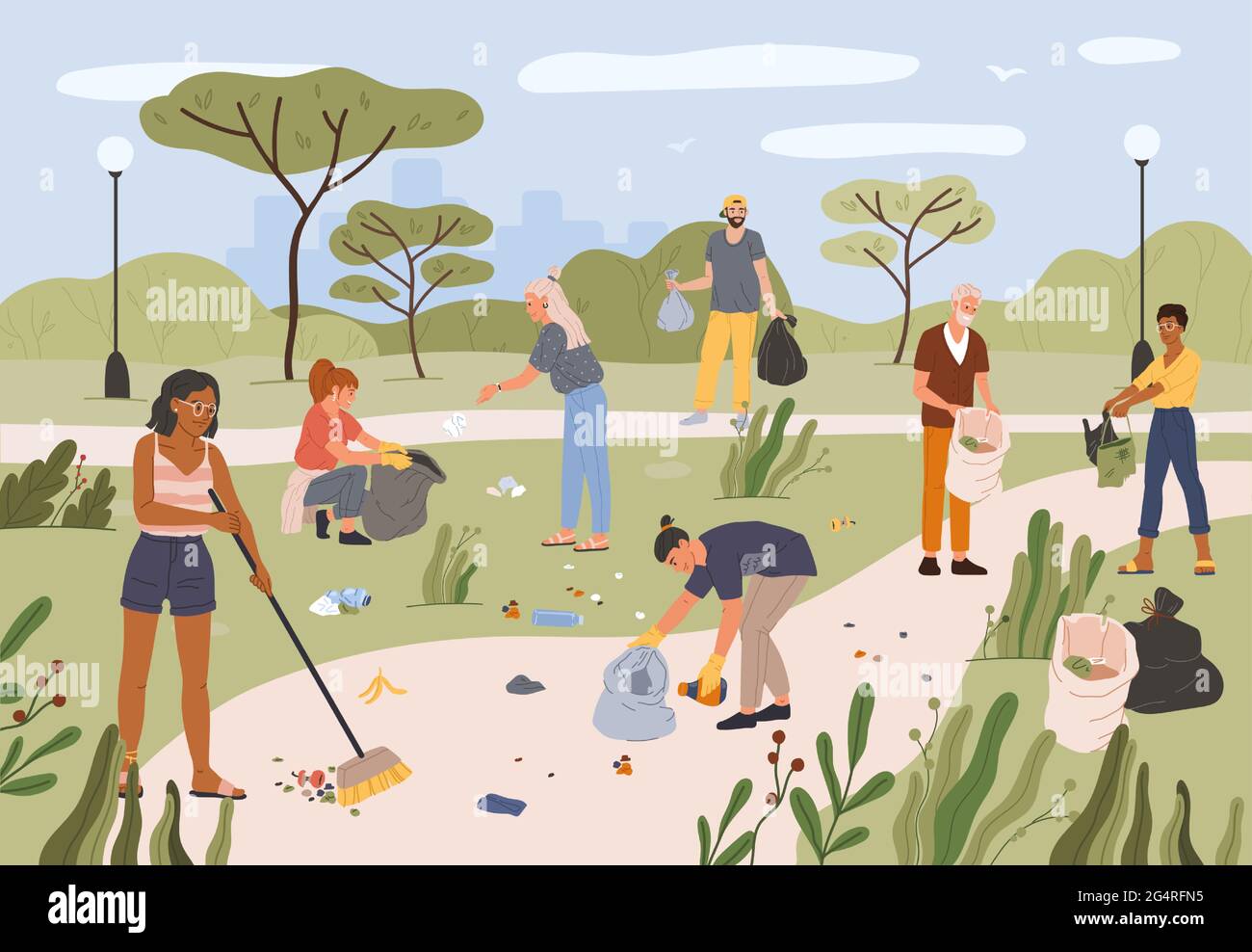 Menschen sammeln Müll im Stadtpark. Männer und Frauen Freiwillige Reinigung Park zusammen von Müll und Plastikmüll flache Vektor-Illustration. AktivistInnen sammeln Müll in Taschen Stock Vektor