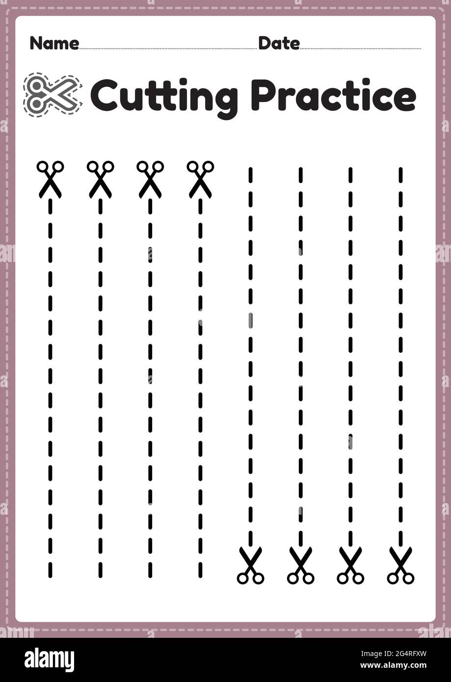 Scheren Fähigkeiten druckbar für Kinder im Vorschulalter und Kindergarten zum Schneiden des Papiers, um die motorischen Fähigkeiten zu verbessern, Koordination und entwickeln kleine Muskeln Stock Vektor