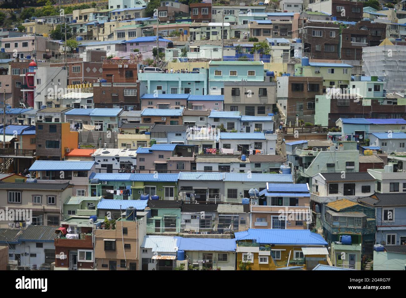 Nahaufnahme des Gamcheon-Kulturdorfes, Busan, in Südkorea Stockfoto