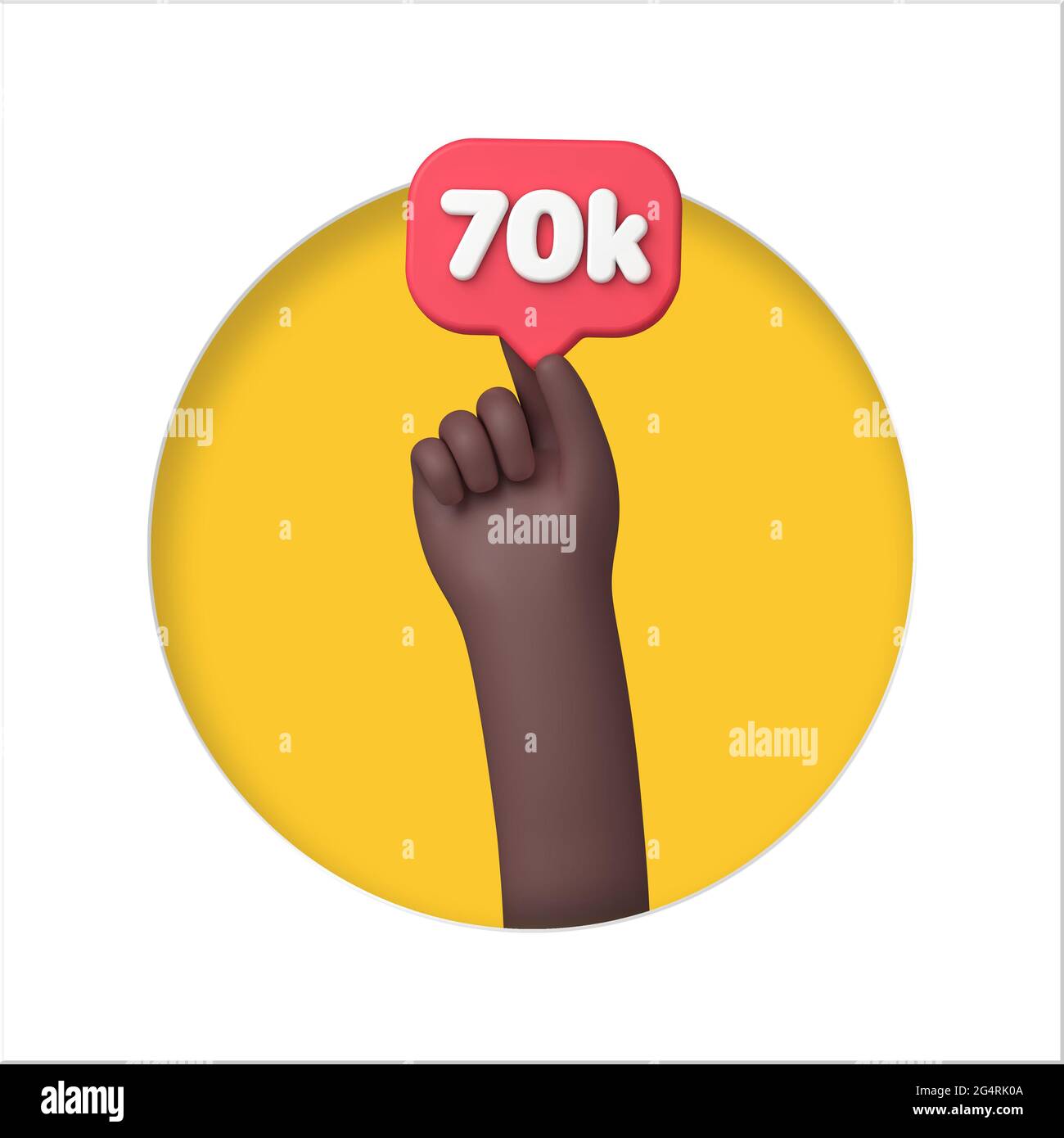 Hand mit einem 70.000 Social-Media-Follower-Banner. 3D-Rendering Stockfoto