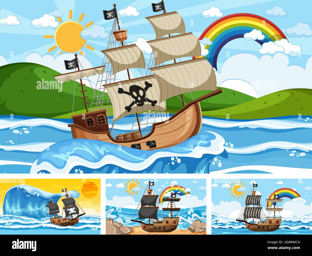 Set von Ozean mit Piratenschiff zu verschiedenen Zeiten Szenen In Cartoon-Stil Illustration Stock Vektor