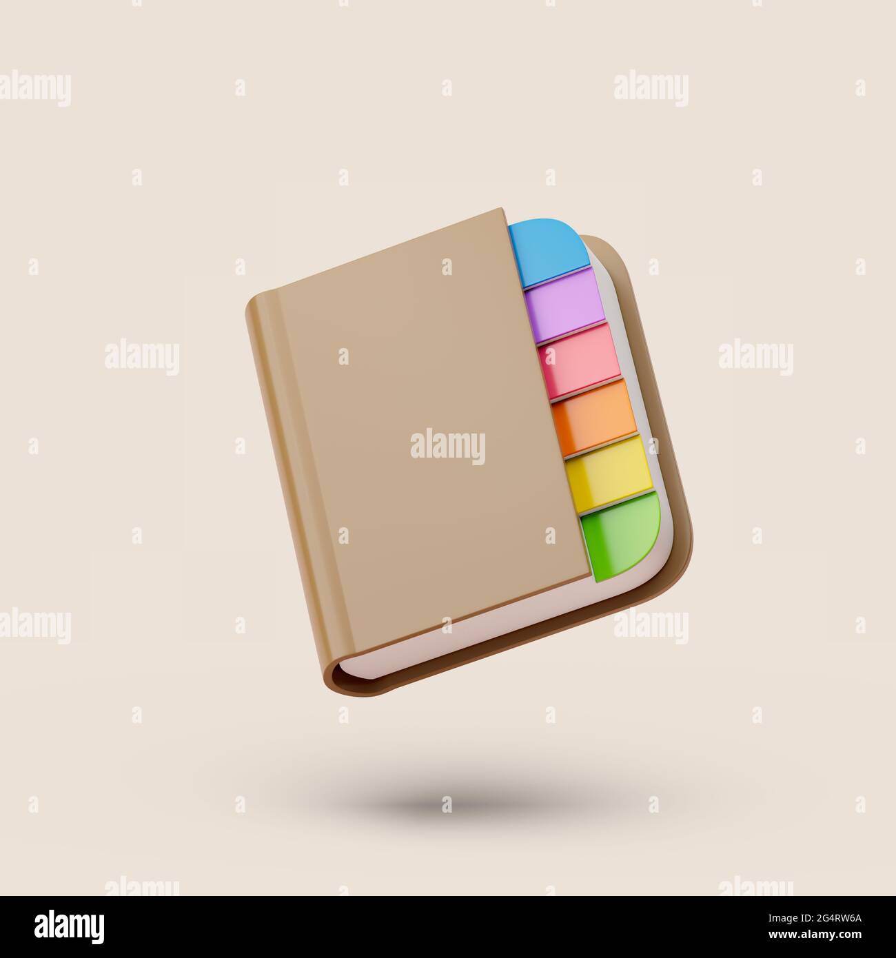 Braunes Notizbuch mit farbigen Etiketten auf pastellfarbenem Hintergrund. Einfache 3d-Renderdarstellung. Stockfoto