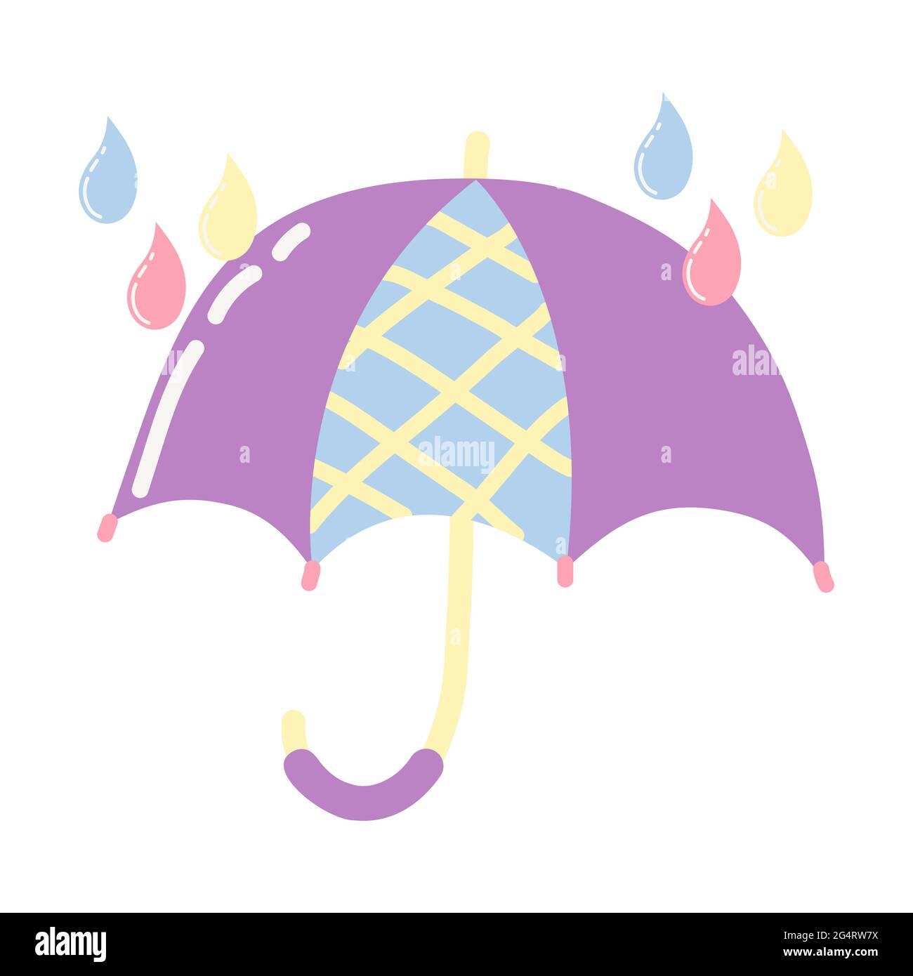 Lila Regenschirm mit Regentropfen in Cartoon-Flat-Stil auf weißem Hintergrund isoliert. Isoliertes Symbol. Dekorationsabbildung. Für Kinderdesign. Stock Vektor