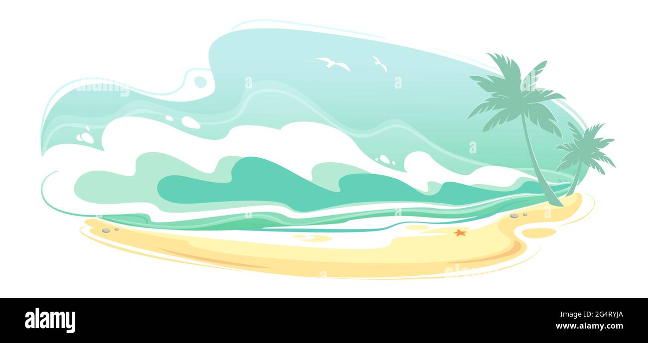 Sea Beach Landscape, Seascape Summer Banner. Meeresküste mit Wasserwellen Panorama, Surf Ocean Urlaubshintergrund. Abstrakte flüssige Rahmenform isoliert auf Stock Vektor