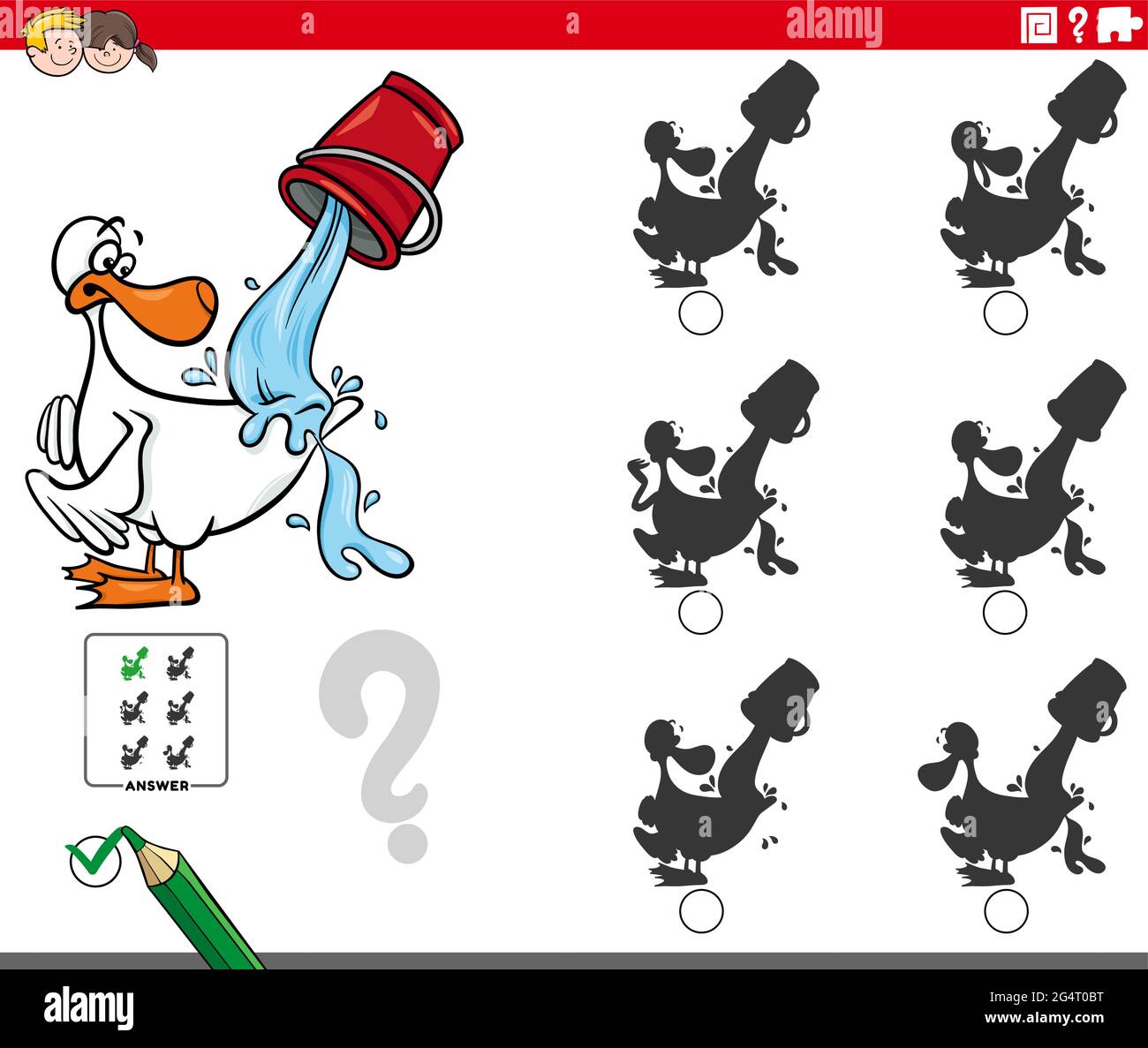 Cartoon Illustration der Suche nach dem Schatten ohne Unterschiede pädagogische Spiel für Kinder mit Wasser aus einer Enten zurück sagen Stock Vektor