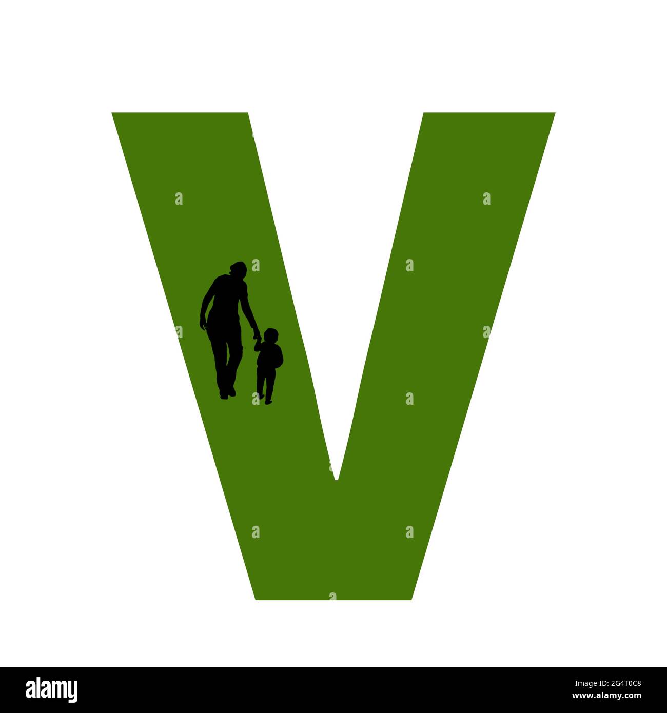 Buchstabe V des Alphabets mit Silhouette einer Mutter und eines Kindes, das geht, in grün und schwarz Stockfoto