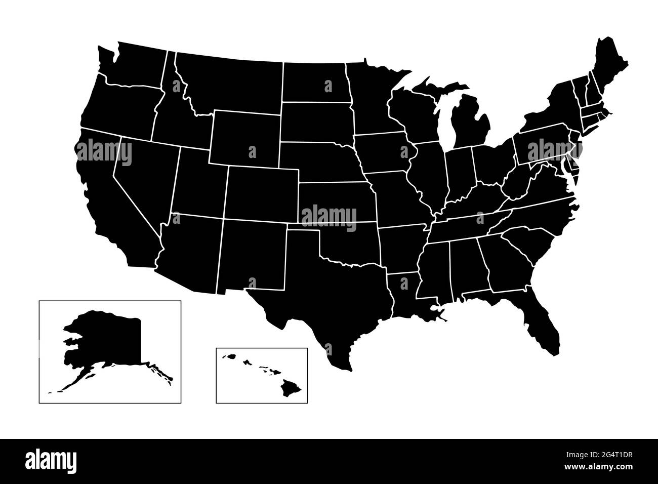 USA, Karte der Vereinigten Staaten von Amerika mit dem Namen von Staaten, Amerikanische Karte in Schwarz und Weiß Stockfoto