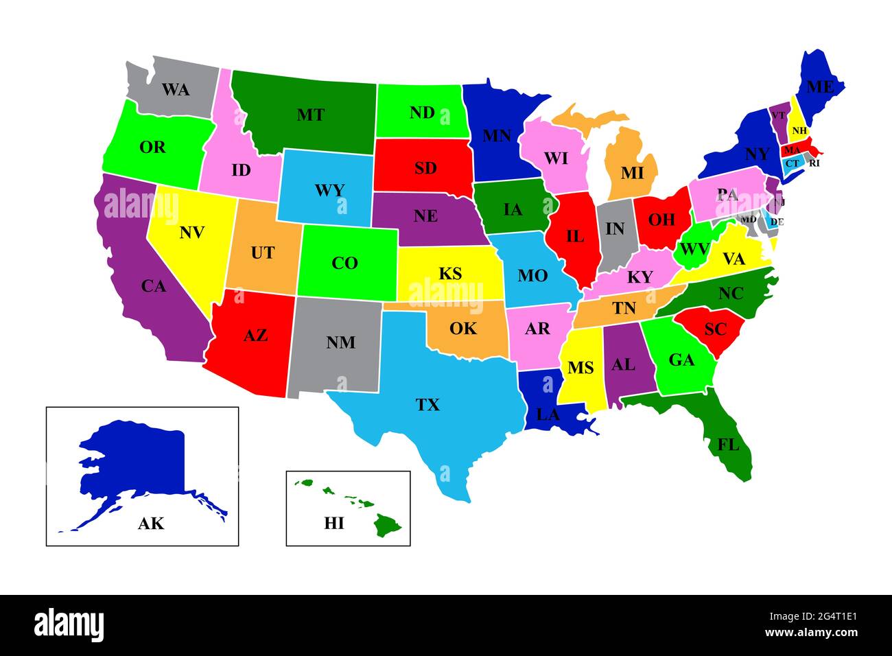 USA, Karte der Vereinigten Staaten von Amerika mit dem Namen von Staaten, Amerikanische Karte Stockfoto