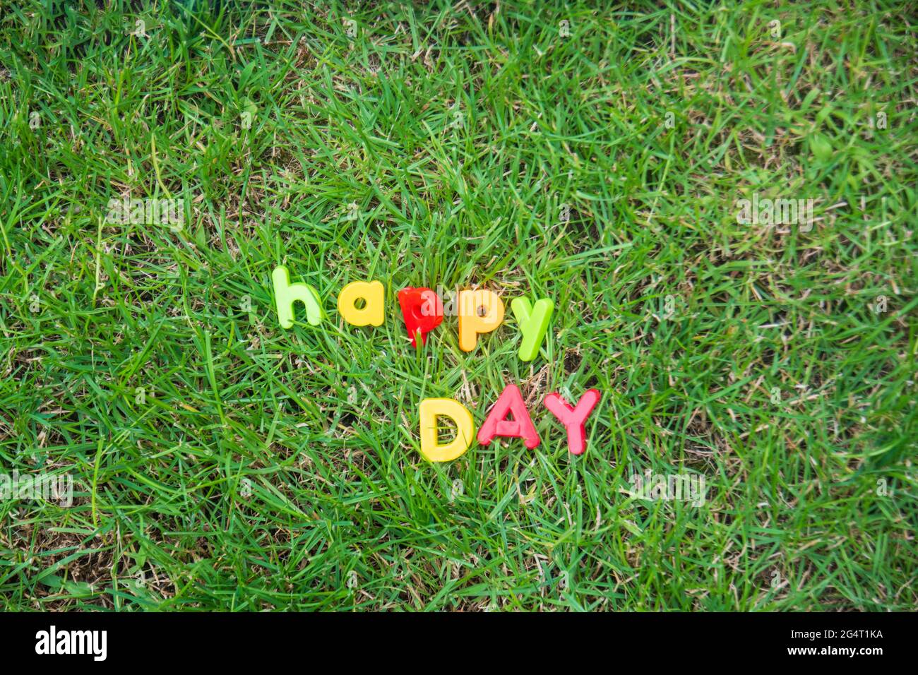 Happy Day Schriftzug geschrieben mit Spielzeugbuchstaben auf dem Gras im Garten des Hauses Stockfoto