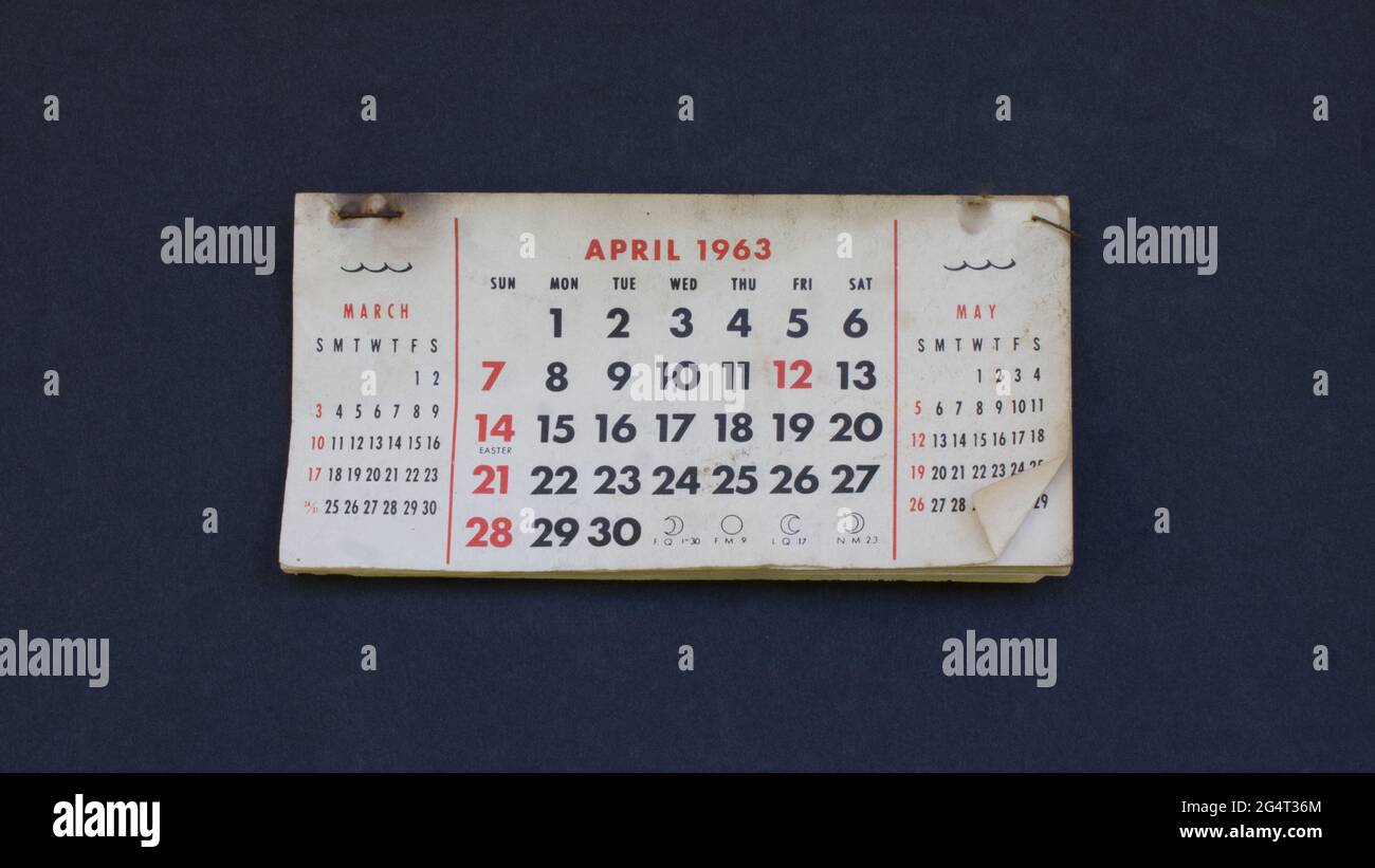 Eine Kalenderseite für April 1963 Stockfoto