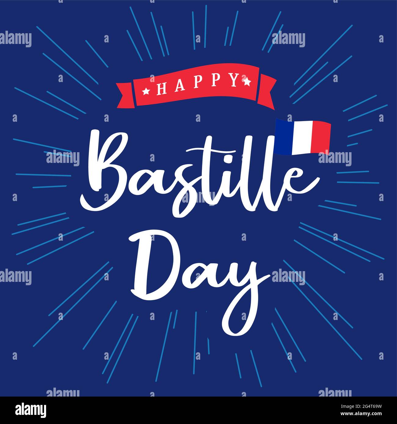 14. Juli handschriftliche Inschrift für Grußkarten- oder Bannerkonzept. Alles gute zum Bastille-Tag in Frankreich. Kalligrafische Schriftzüge, weißer Hintergrund, Balken Stock Vektor