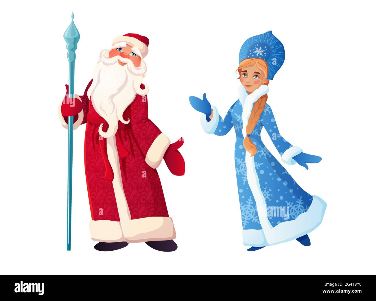 Russischer Weihnachtsmann mit Schneewittchen. DED Moroz und Snegurochka. Russischer Text Frohes neues Jahr. Cartoon-Vektorgrafik. Stock Vektor