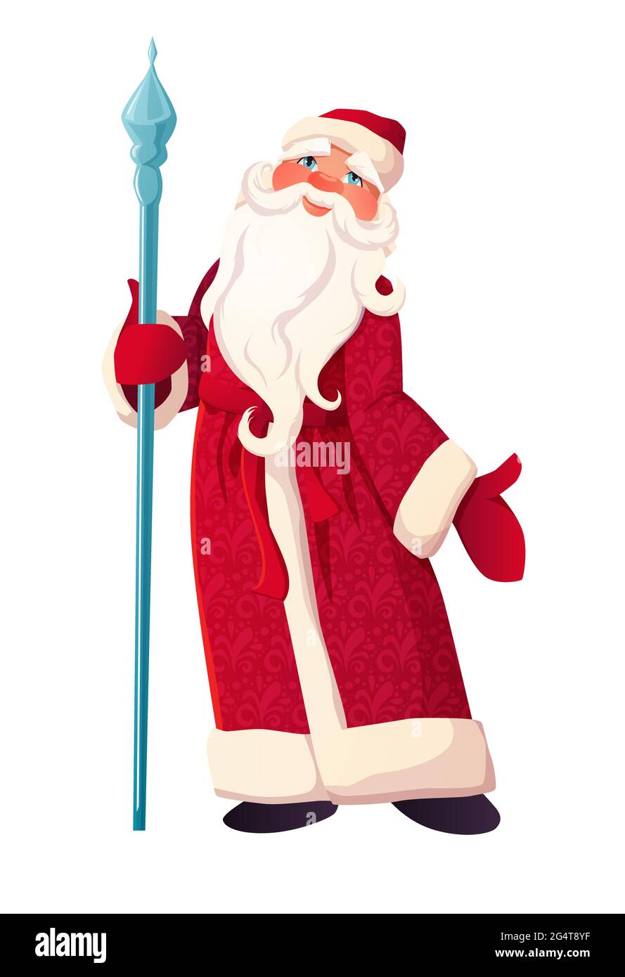 Russischer Vater Frost mit Stock in roter Kleidung. Weihnachtsmann oder Ded Moroz. Cartoon Vektor Illustration Kunst Stock Vektor