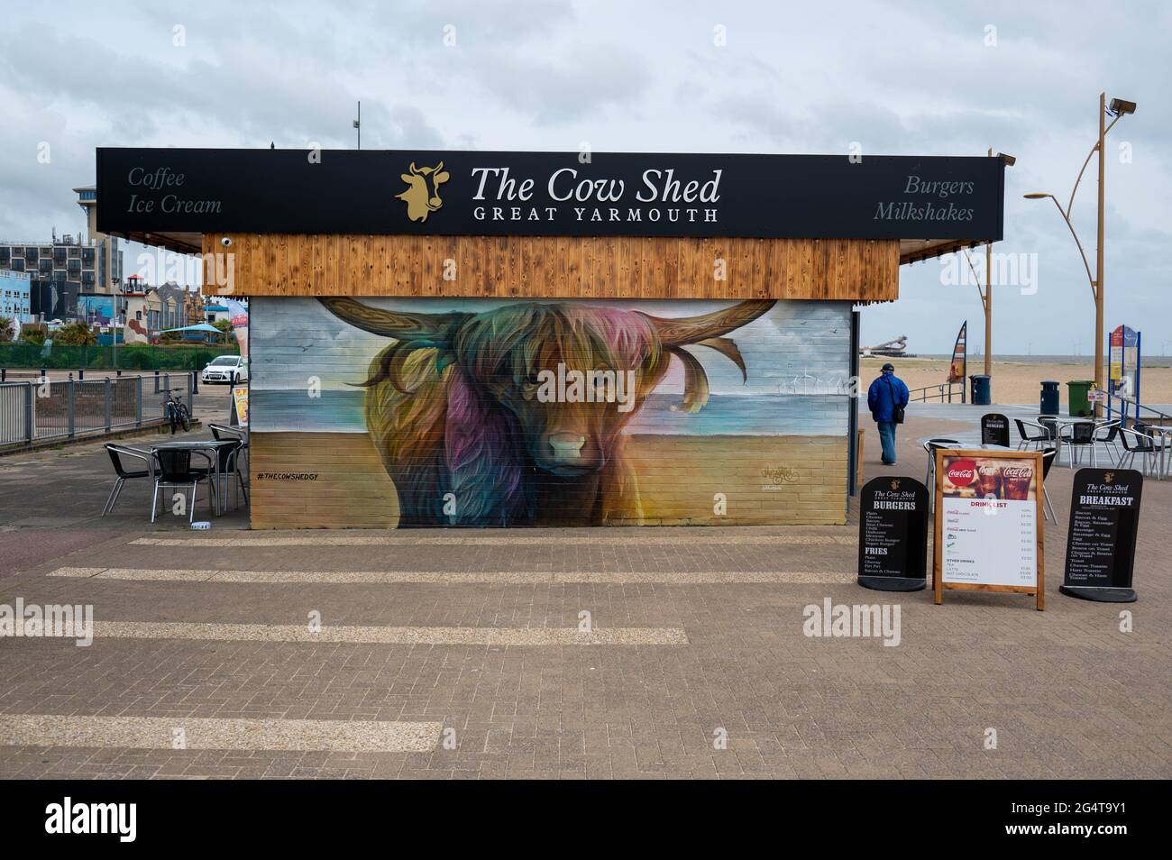 Das Cow Shed Restaurant und Cafe an der Great Yarmouth Strandpromenade Stockfoto