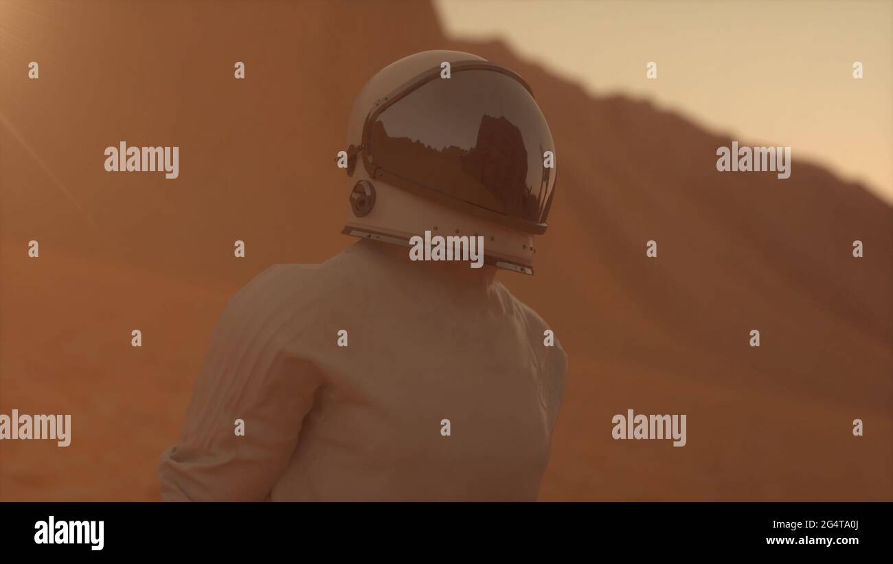 Astronaut trägt Raumanzug auf der Oberfläche des mars. Mission zum mars erkunden. Kolonisierungs- und Weltraumerkundungskonzept. 3d-Rendering Stockfoto
